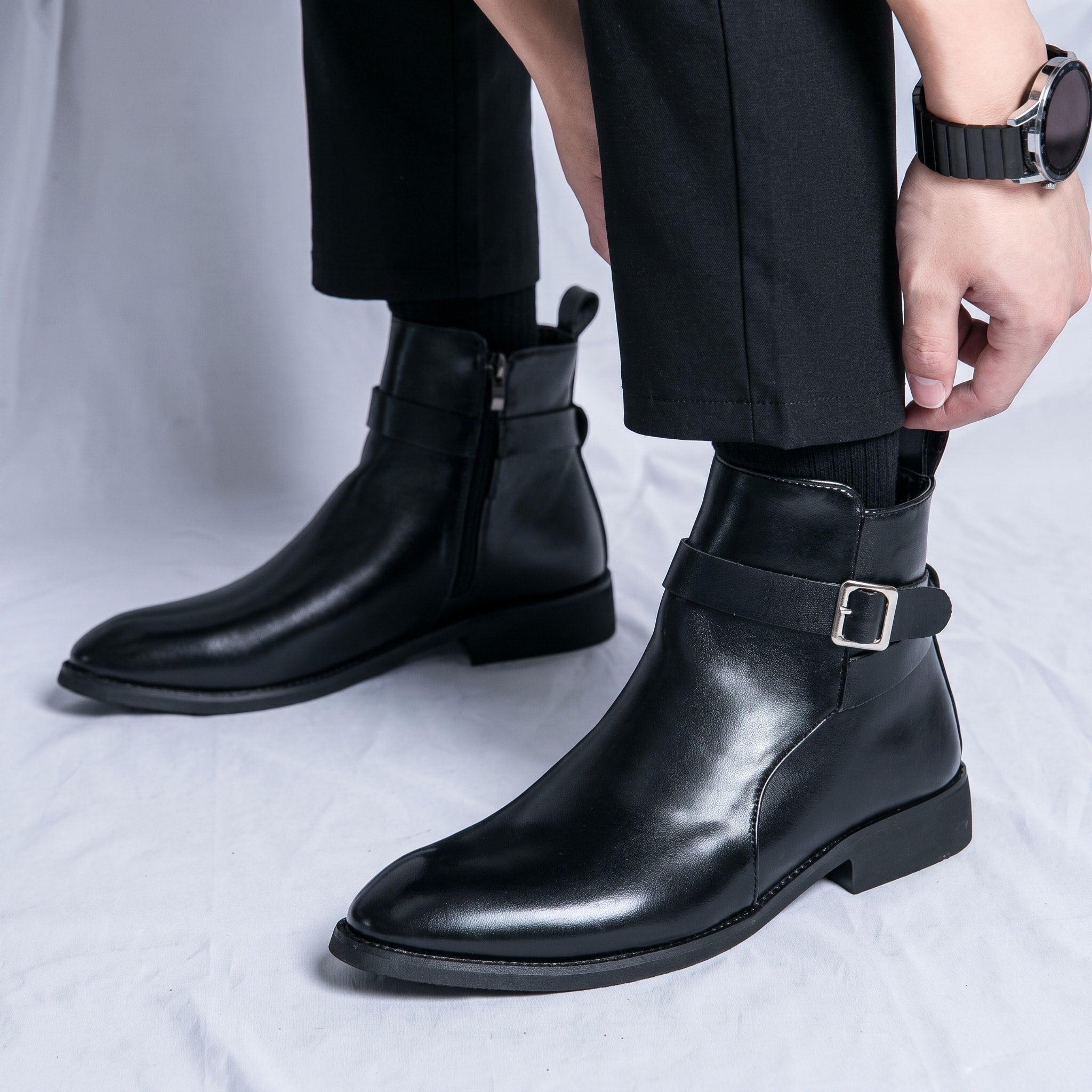 Oliver - Men's Pointed Toe Ankle Boots with Buckle Strap - Black - Davies & Cooper