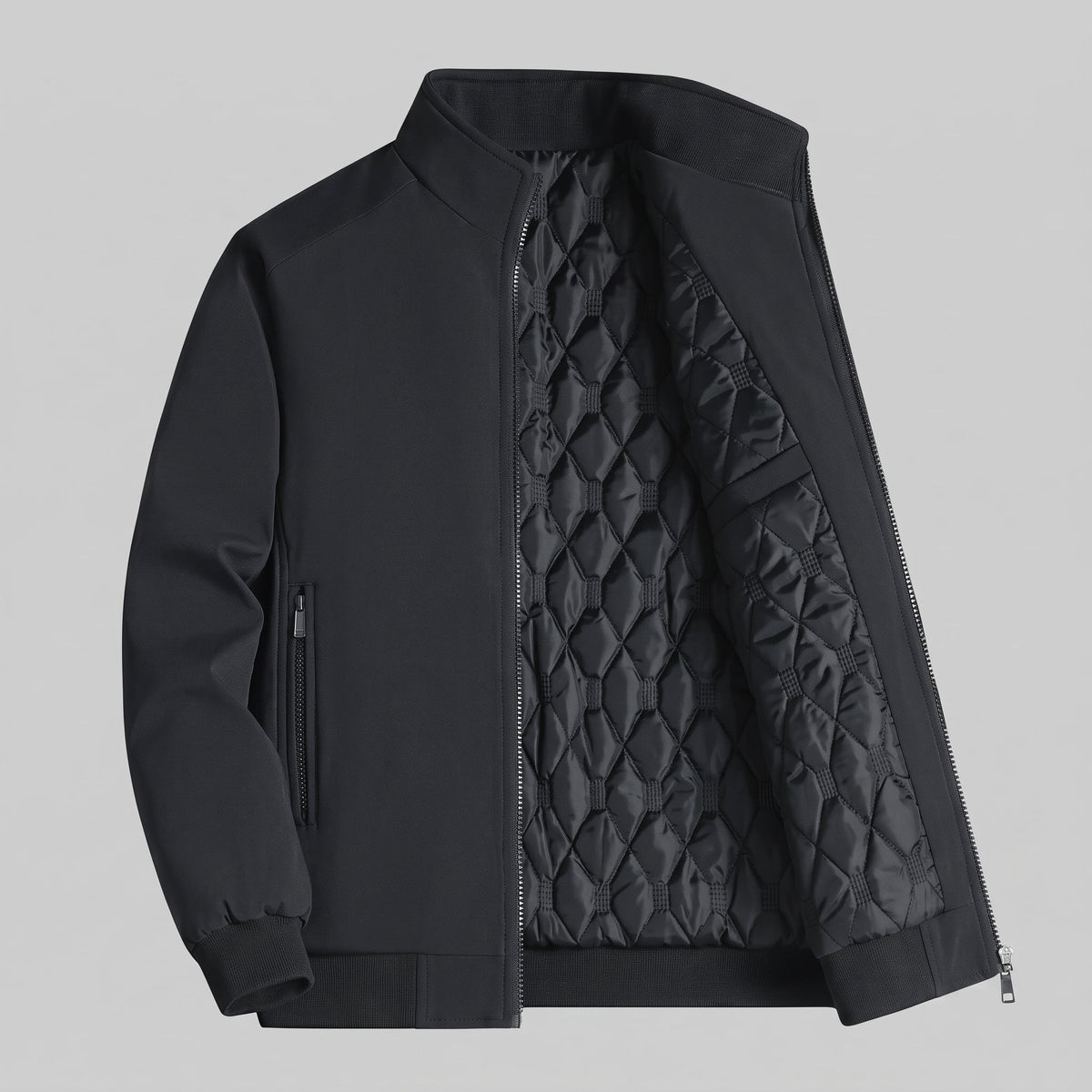 Oliver - Men's Quilted Zip-Up Jacket with Stand Collar - Sport Jackets - Black - Davies & Cooper