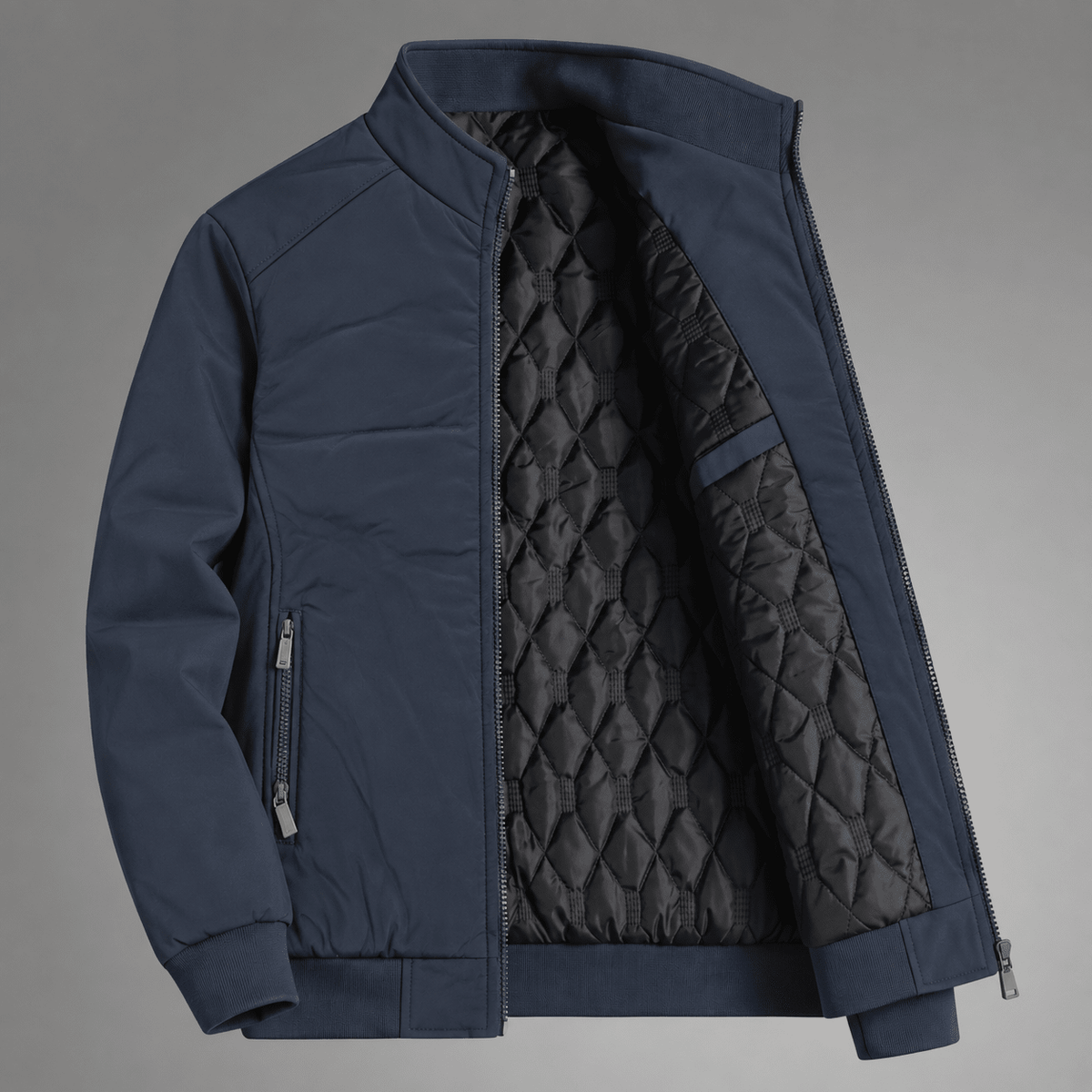 Oliver - Men's Quilted Zip-Up Jacket with Stand Collar - Sport Jackets - Dark Blue - Davies & Cooper