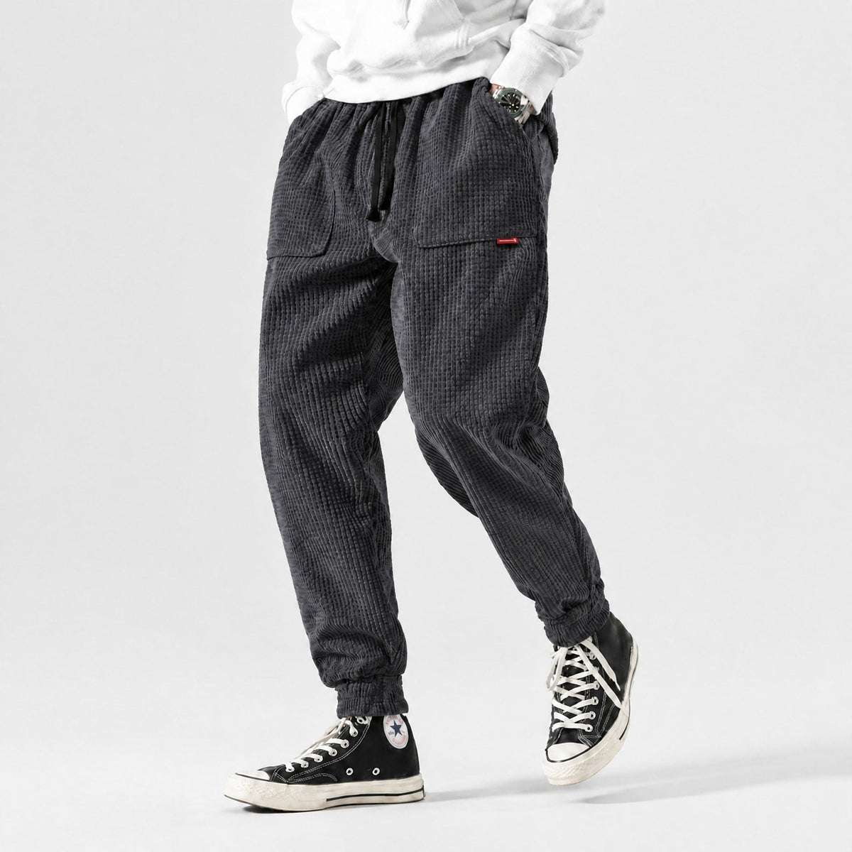 Oliver - Men's Ribbed Corduroy Jogger Trousers with Drawstring Waist - Joggers - Black - Davies & Cooper