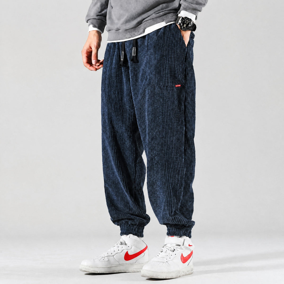Oliver - Men's Ribbed Corduroy Jogger Trousers with Drawstring Waist - Joggers - Navy Blue - Davies & Cooper