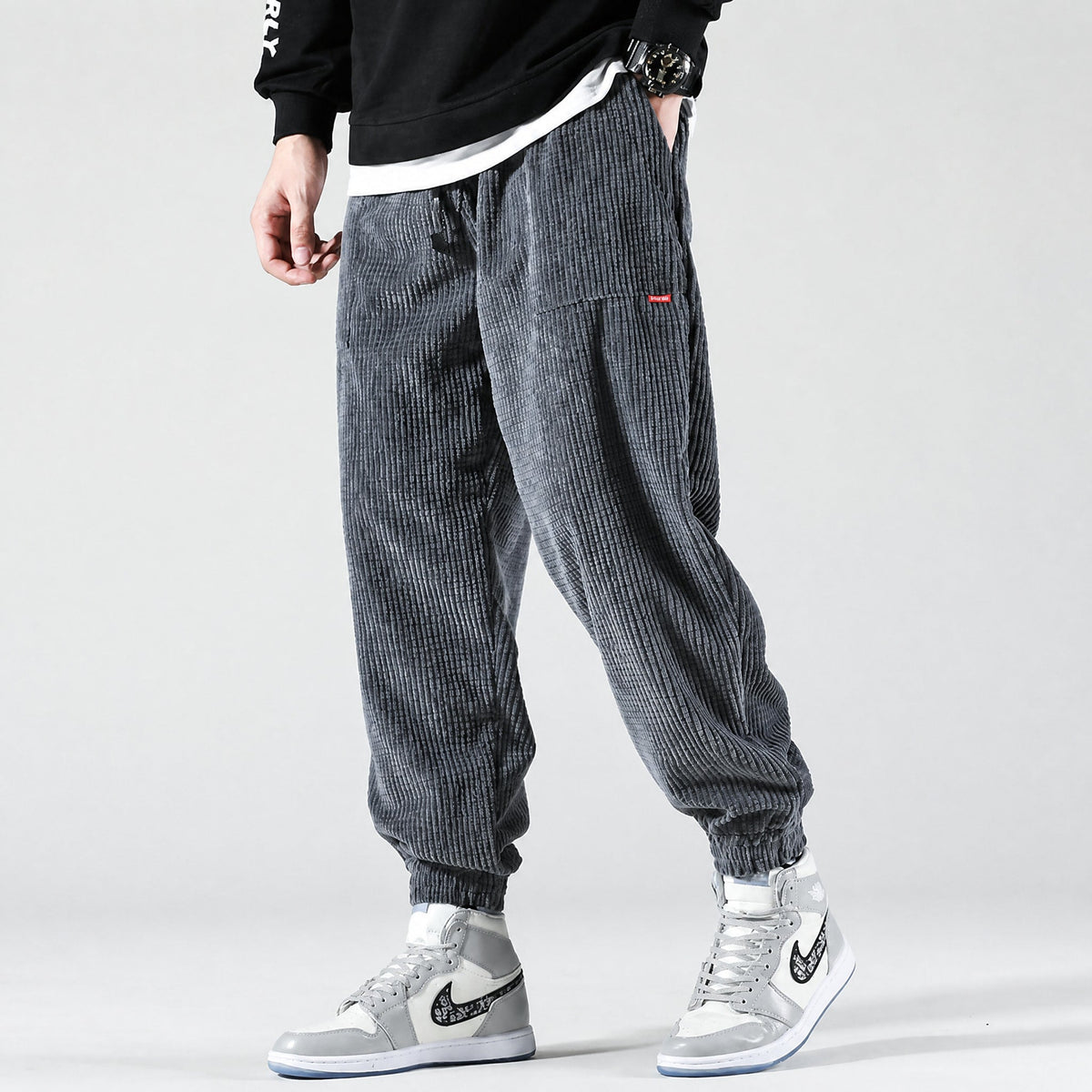 Oliver - Men's Ribbed Corduroy Jogger Trousers with Drawstring Waist - Joggers - Grey - Davies & Cooper