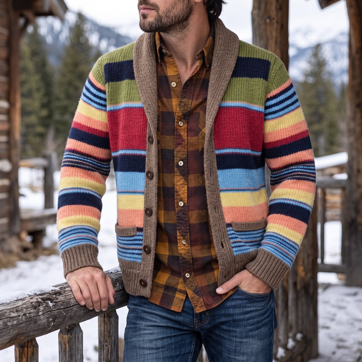 Oliver - Men's Shawl Collar Striped Knit Cardigan with Ribbed Cuffs - Cardigans - Brown - Davies & Cooper