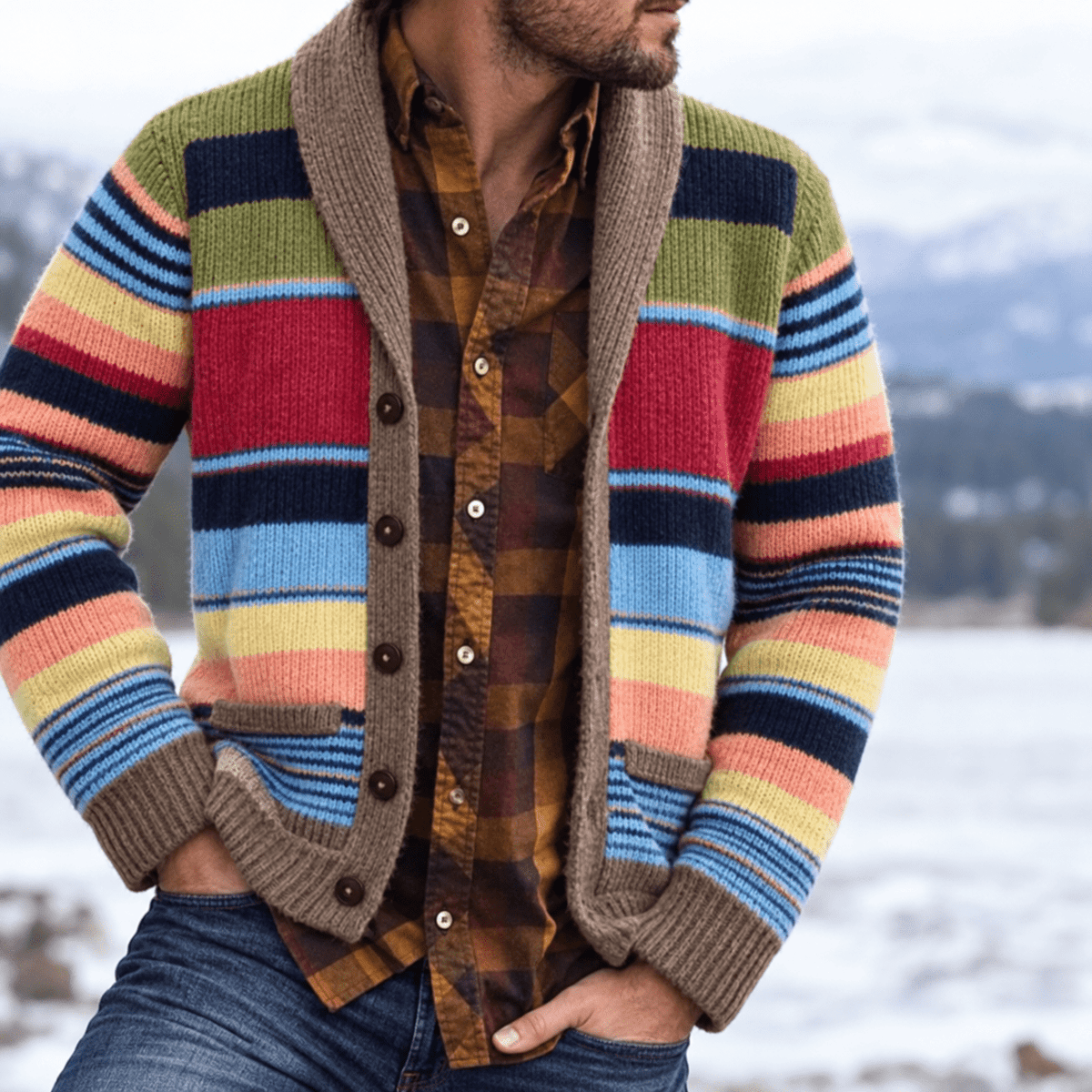 Oliver - Men's Shawl Collar Striped Knit Cardigan with Ribbed Cuffs - Cardigans - Brown - Davies & Cooper
