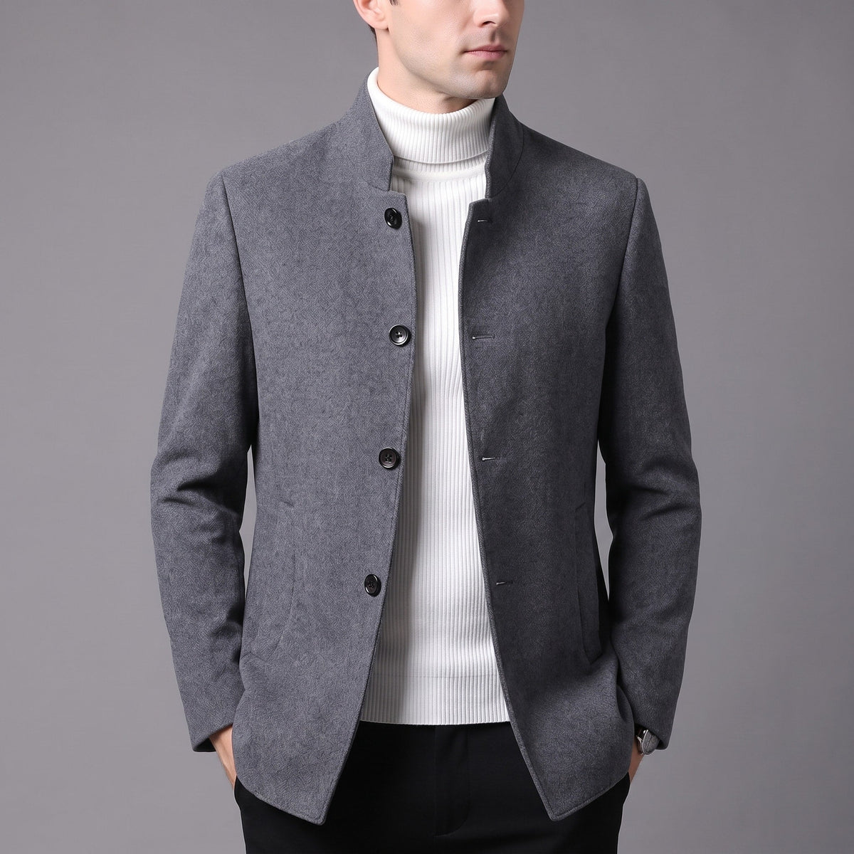 Oliver - Men's Stand Collar Wool Coat with Tartan Lining - Overcoats - Dark Grey - Davies & Cooper