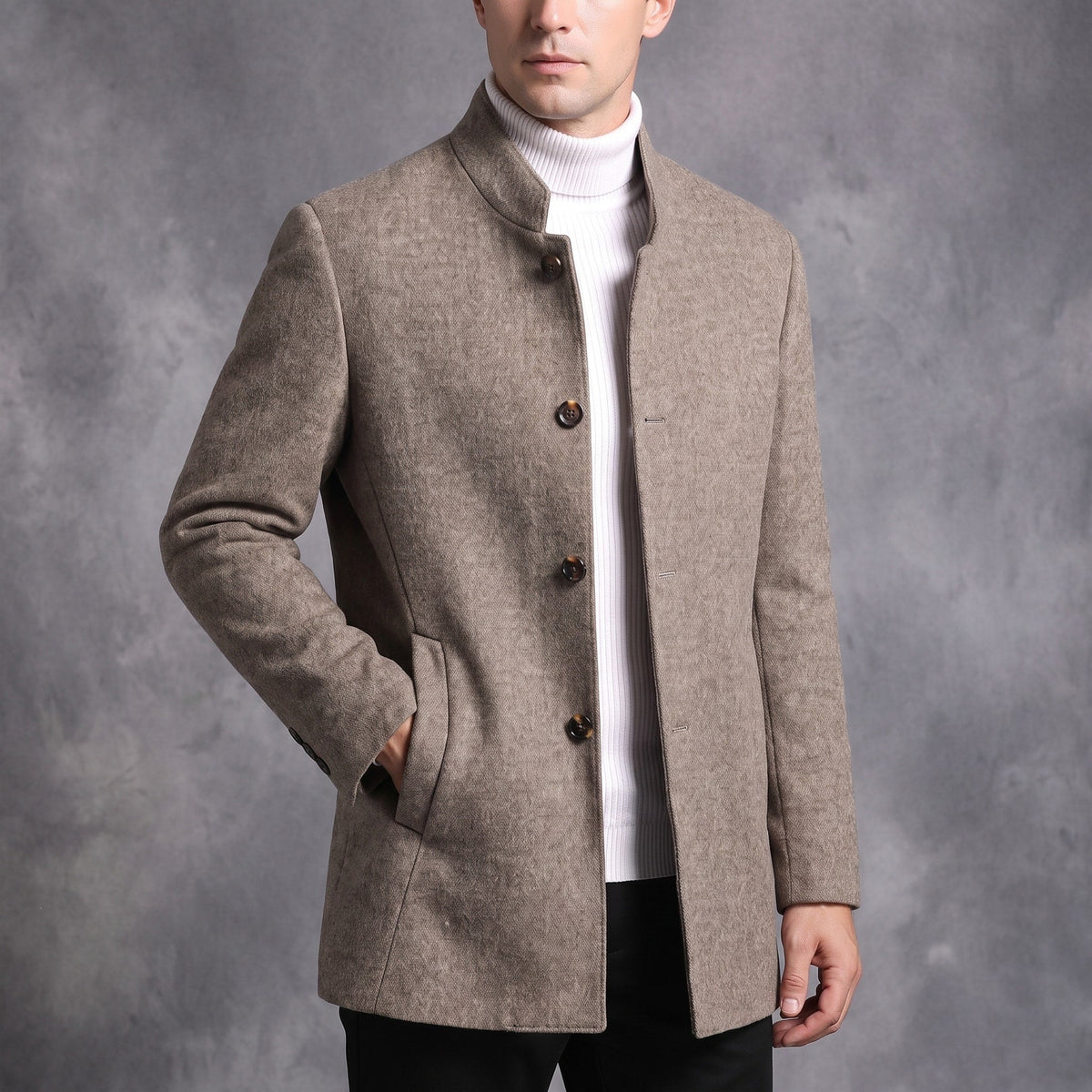 Oliver - Men's Stand Collar Wool Coat with Tartan Lining - Overcoats - Beige - Davies & Cooper