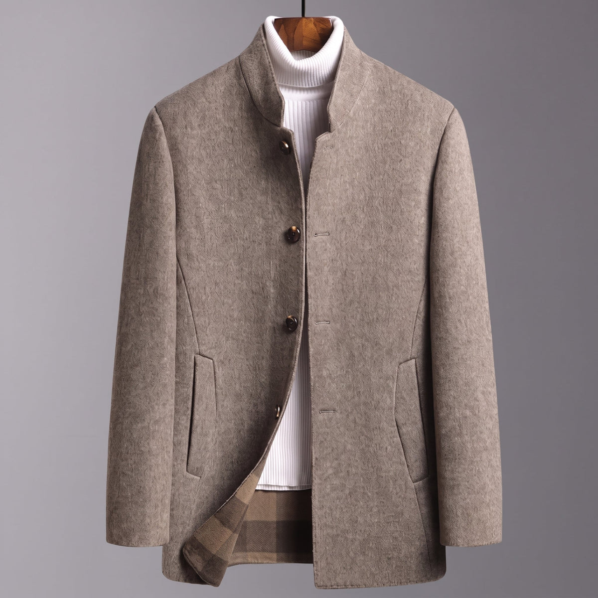 Oliver - Men's Stand Collar Wool Coat with Tartan Lining - Overcoats - Beige - Davies & Cooper