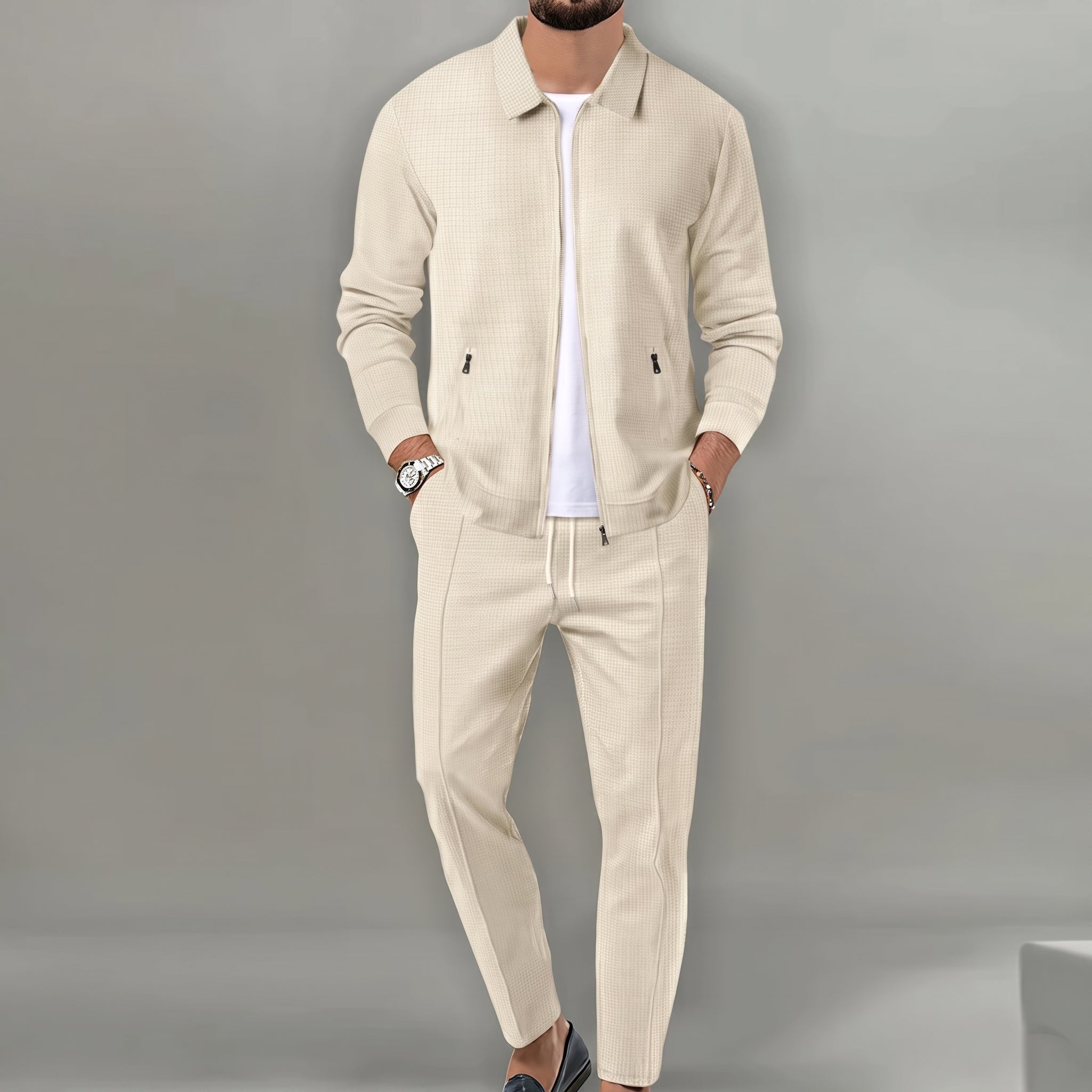 Oliver - Men's Two-Piece Zip-Up Jacket Trouser Set - Outfit Sets - Beige - Davies & Cooper