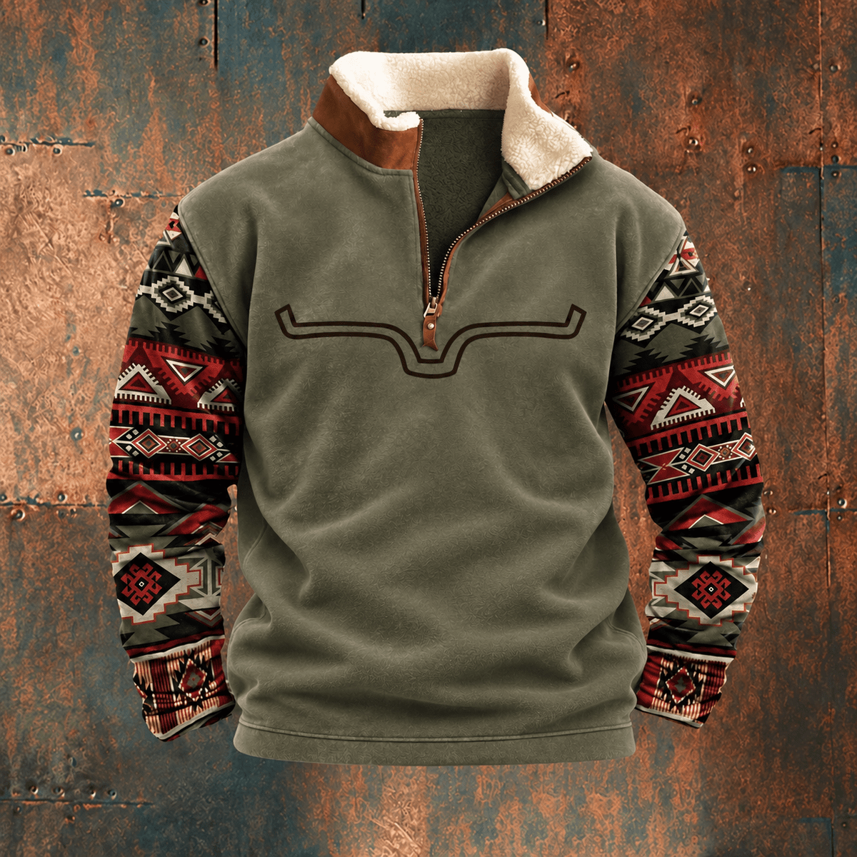 Oliver - Men's Western Quarter-Zip Fleece Pullover with Sherpa Collar - Sweatshirts - Army Green - Davies & Cooper