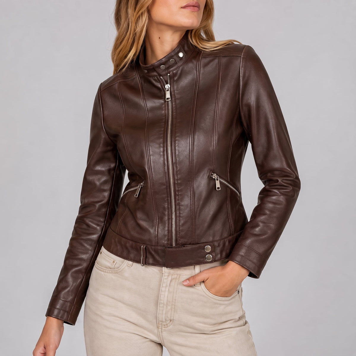 Olivia - omen's Slim Fit Transitional Jacket with Snap Collar - Jackets - Dark Brown - Davies & Cooper