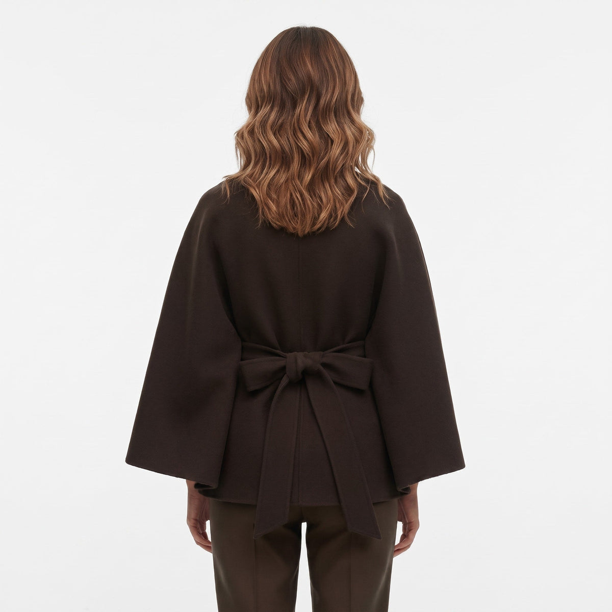 Olivia - Women's Belted Cape Coat with High-Neck Button Collar - Capes - Brown - Davies & Cooper