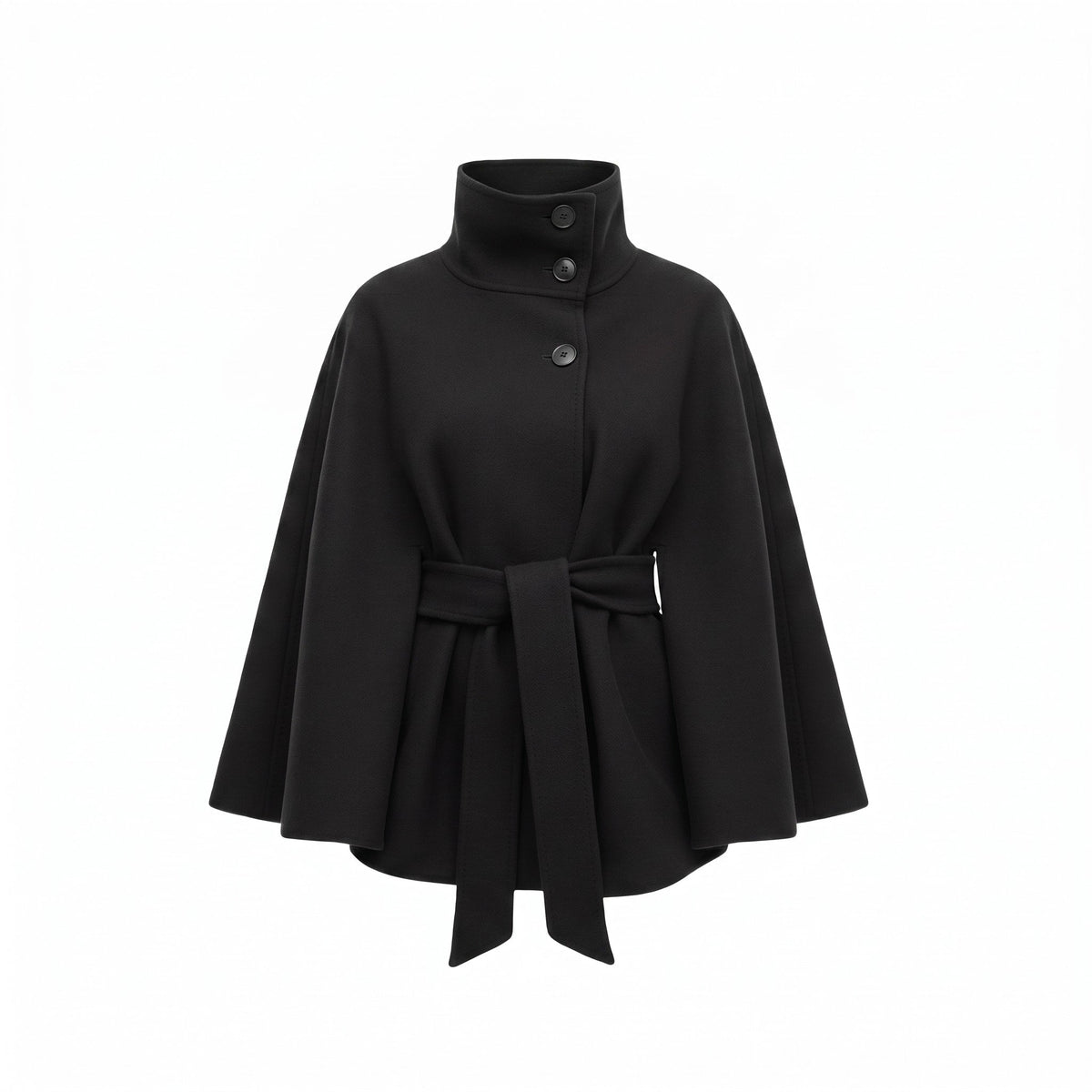 Olivia - Women's Belted Cape Coat with High-Neck Button Collar - Capes - Black - Davies & Cooper