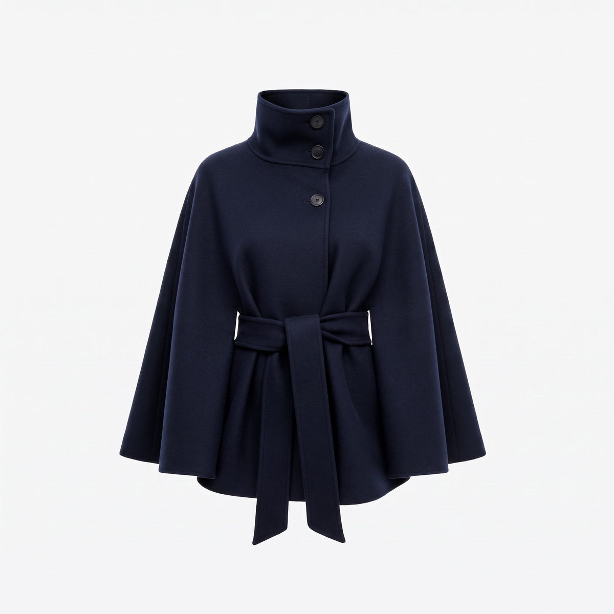 Olivia - Women's Belted Cape Coat with High-Neck Button Collar - Capes - Navy - Davies & Cooper