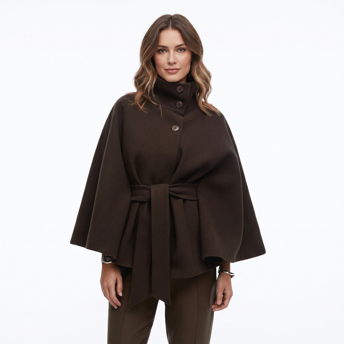 Olivia - Women's Belted Cape Coat with High-Neck Button Collar - Capes - Brown - Davies & Cooper