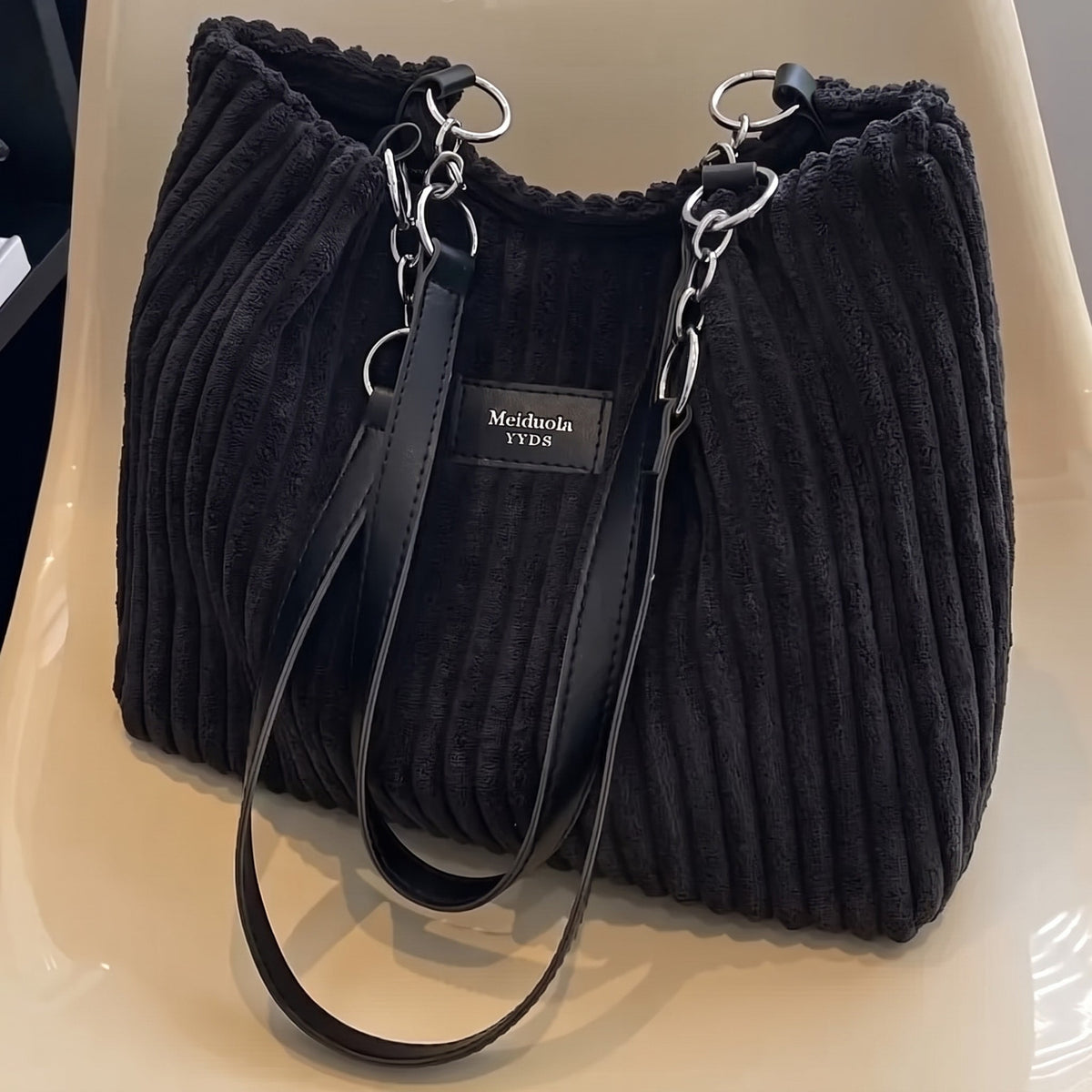 Olivia - Women's Corduroy Shoulder Bag with Adjustable Strap - Shoulder Bag - Black - Davies & Cooper