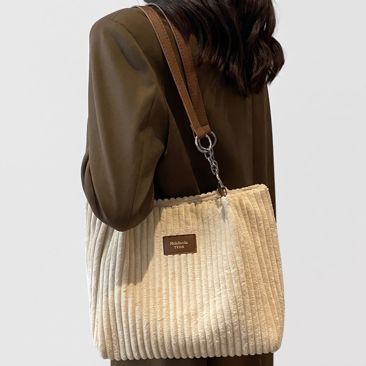 Olivia - Women's Corduroy Shoulder Bag with Adjustable Strap - Shoulder Bag - Beige - Davies & Cooper