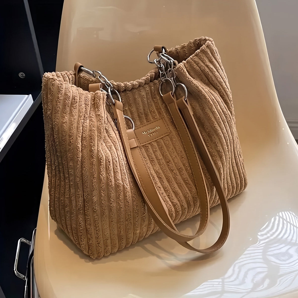 Olivia - Women's Corduroy Shoulder Bag with Adjustable Strap - Shoulder Bag - Khaki - Davies & Cooper