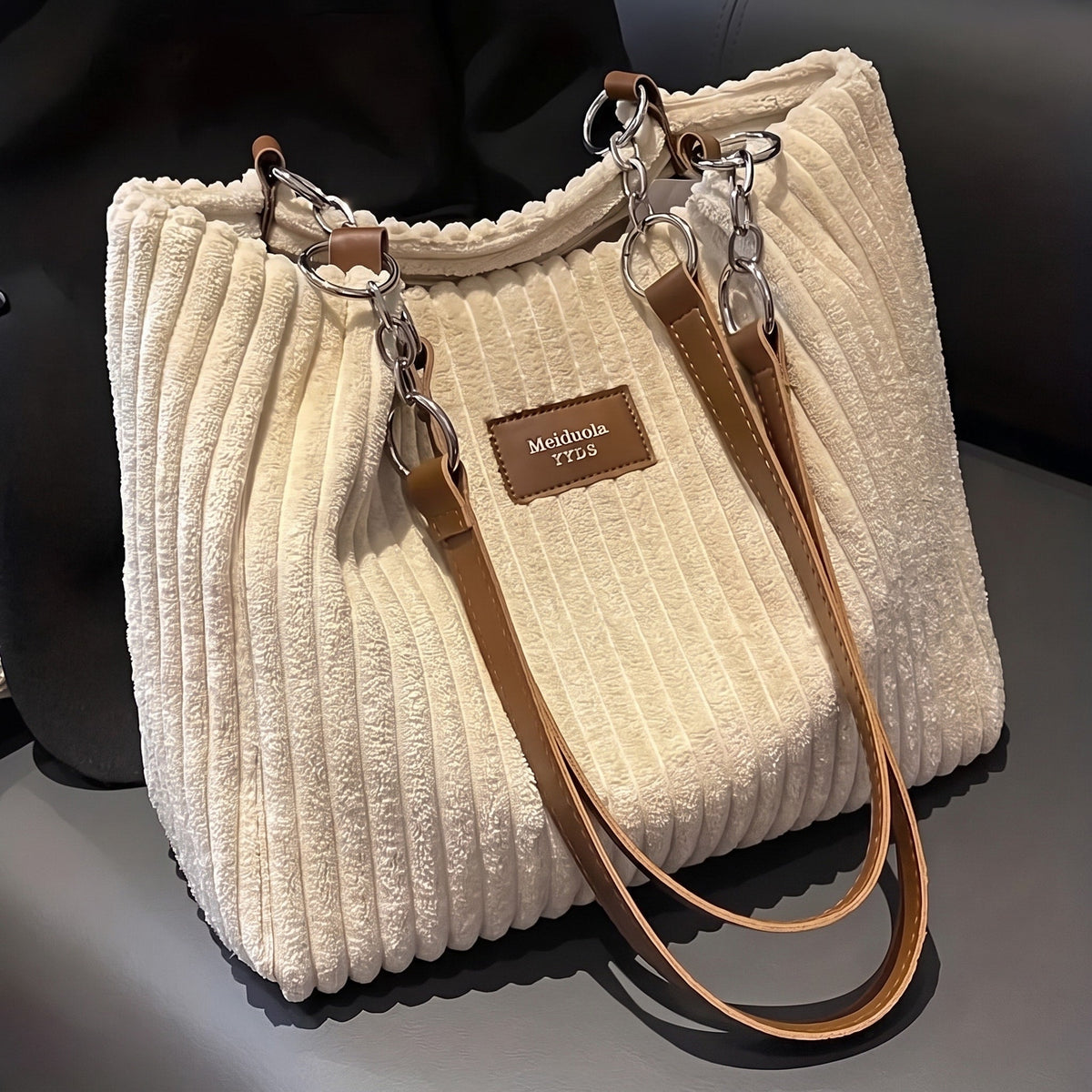 Olivia - Women's Corduroy Shoulder Bag with Adjustable Strap - Shoulder Bag - Beige - Davies & Cooper