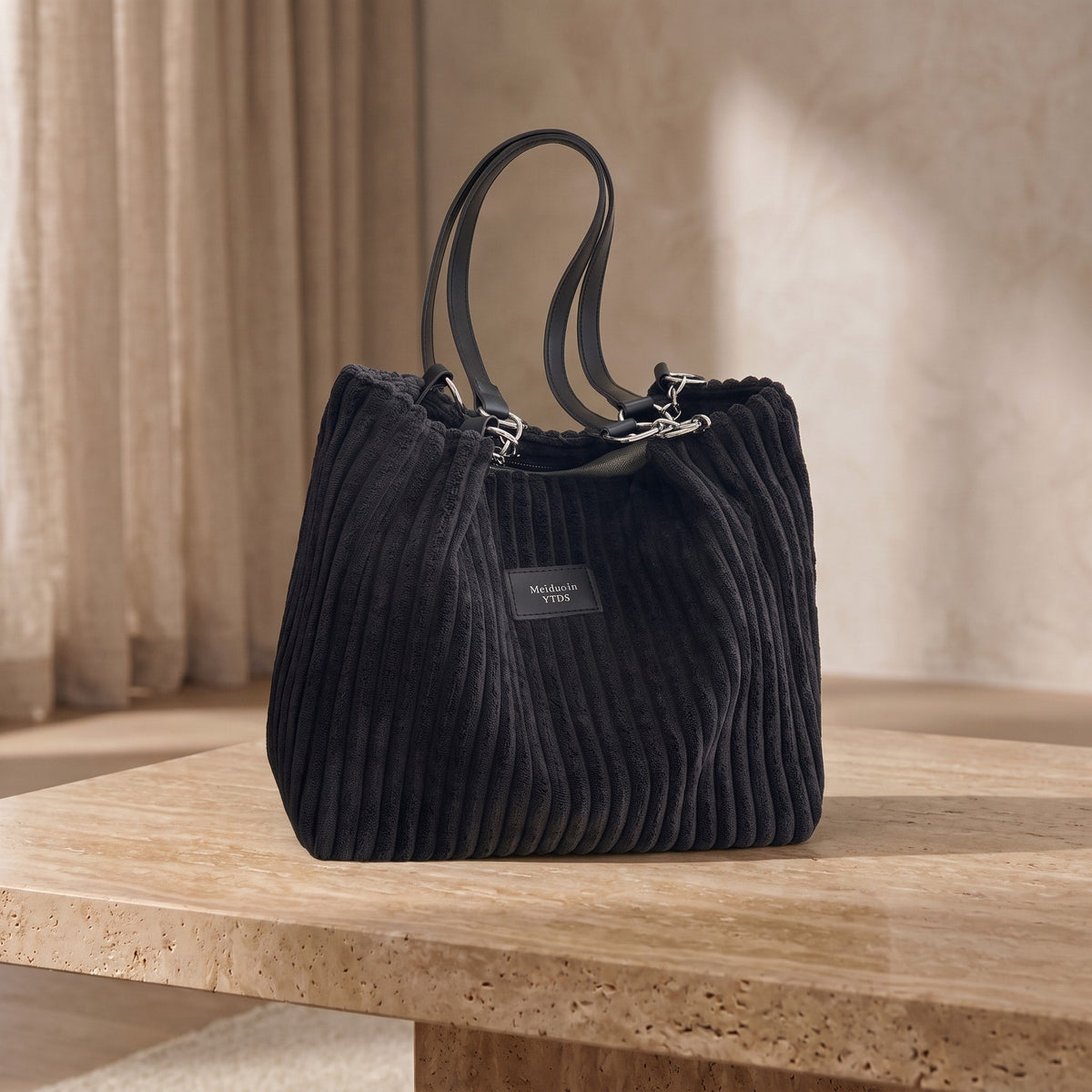 Olivia - Women's Corduroy Shoulder Bag with Adjustable Strap - Shoulder Bag - Black - Davies & Cooper