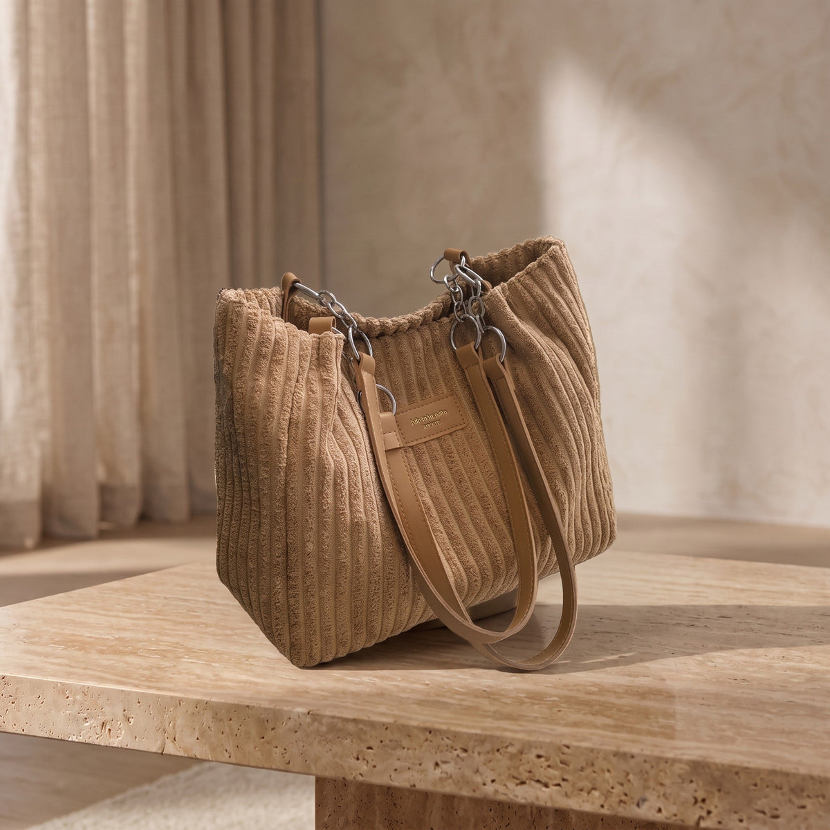 Olivia - Women's Corduroy Shoulder Bag with Adjustable Strap - Shoulder Bag - Khaki - Davies & Cooper