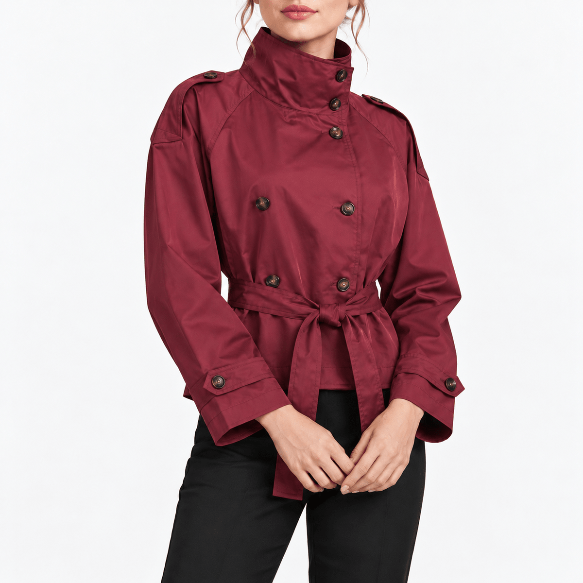 Olivia - Women's Double-Breasted Cropped Trench Jacket with Stand Collar - Trench Coats - Burgundy - Davies & Cooper