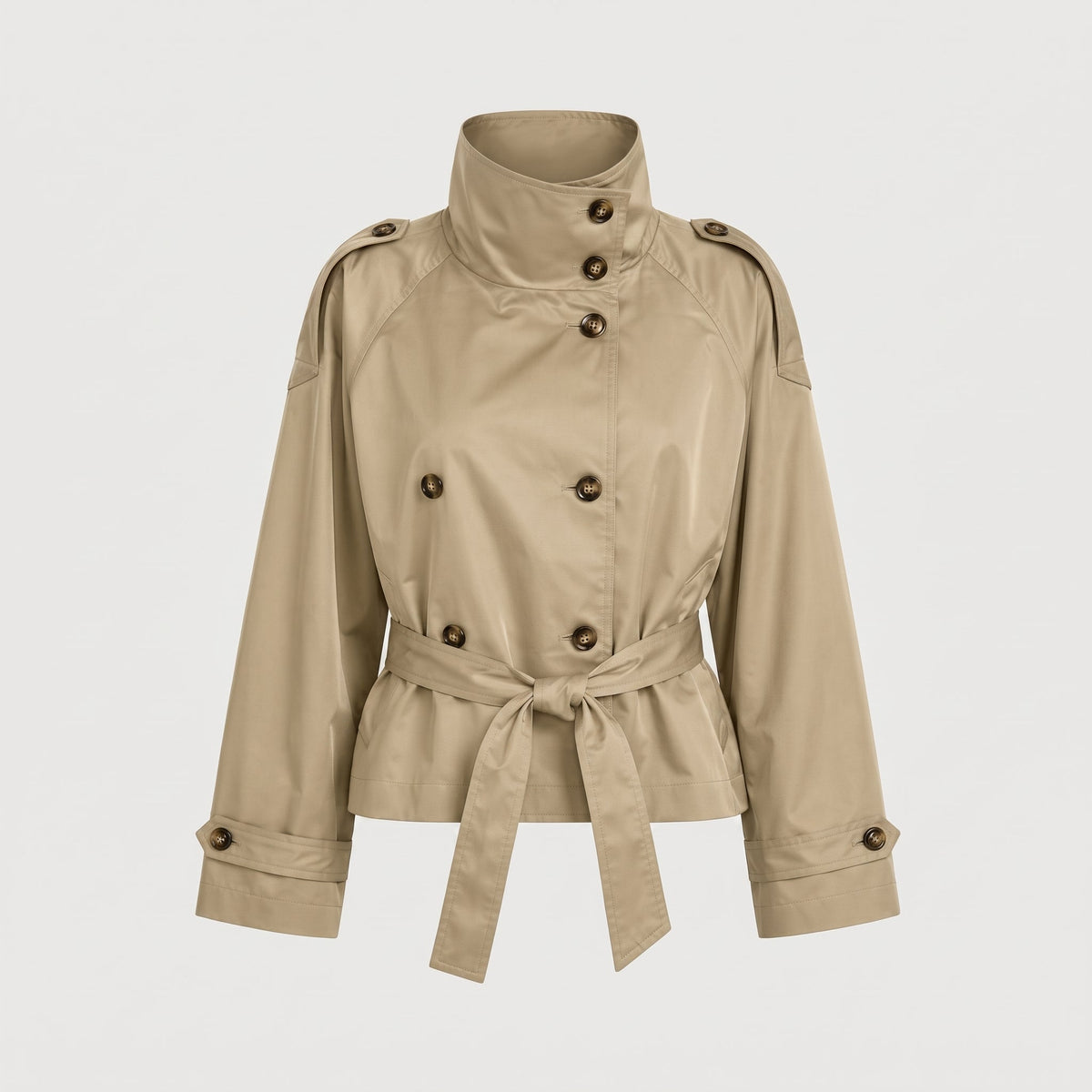 Olivia - Women's Double-Breasted Cropped Trench Jacket with Stand Collar - Trench Coats - Beige - Davies & Cooper