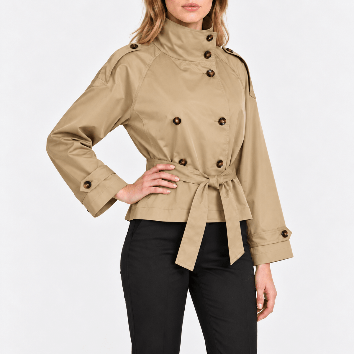 Olivia - Women's Double-Breasted Cropped Trench Jacket with Stand Collar - Trench Coats - Beige - Davies & Cooper