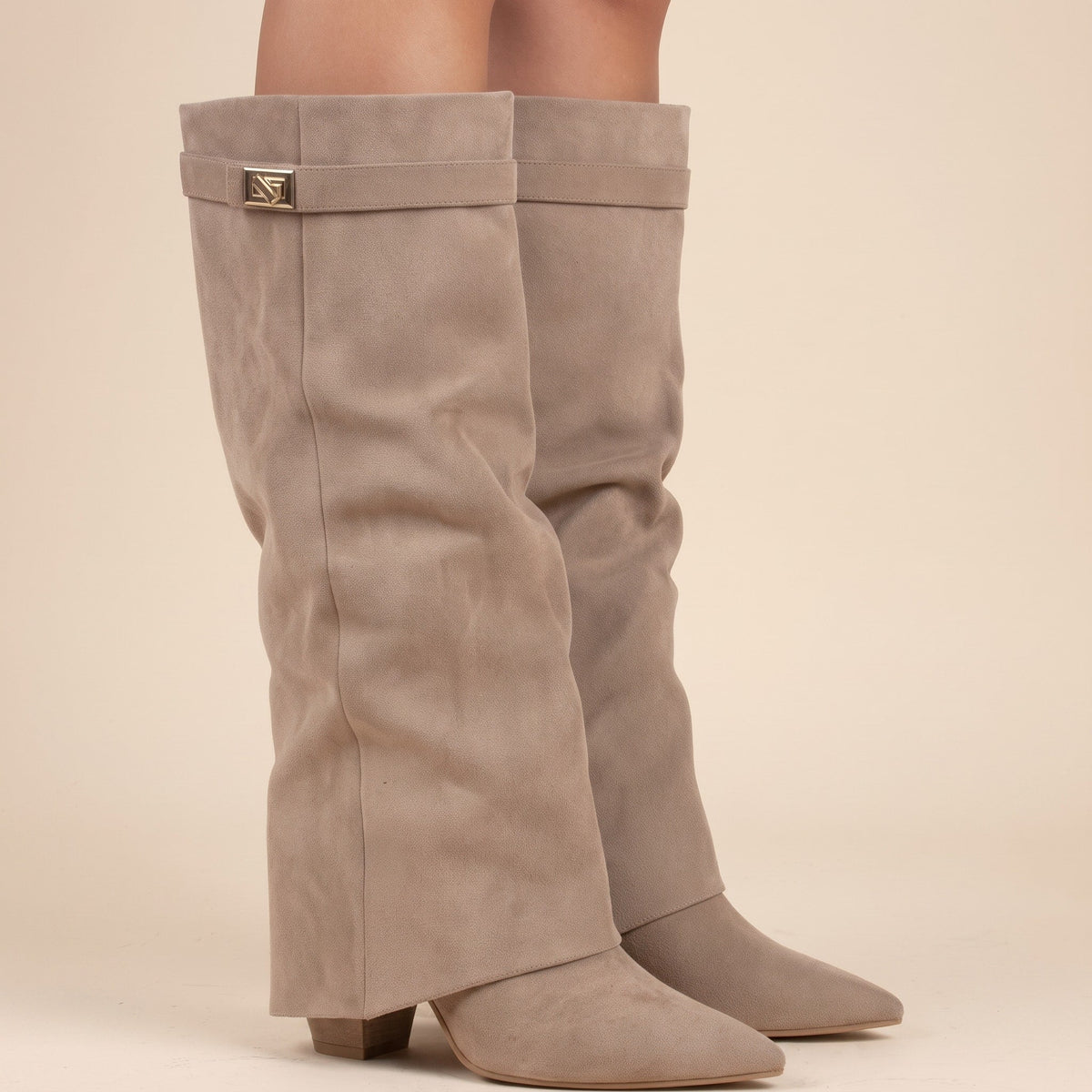 Olivia - Women's Fold-Over Pointed Toe Knee-High Boots with Buckle Strap - Boots - Beige - Davies & Cooper