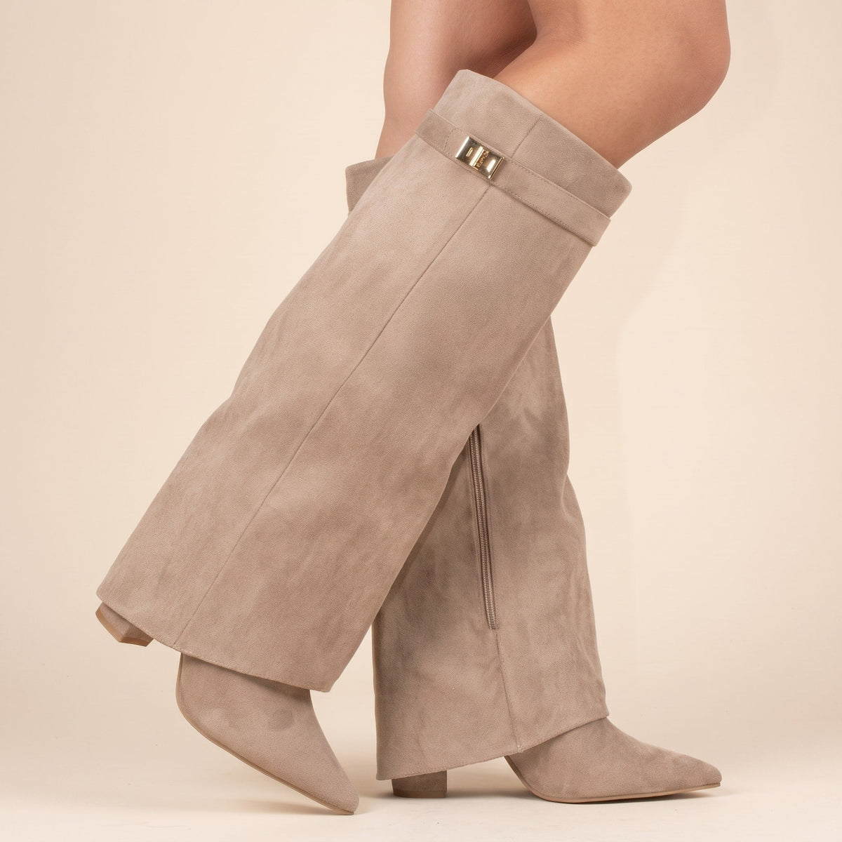 Olivia - Women's Fold-Over Pointed Toe Knee-High Boots with Buckle Strap - Boots - Beige - Davies & Cooper