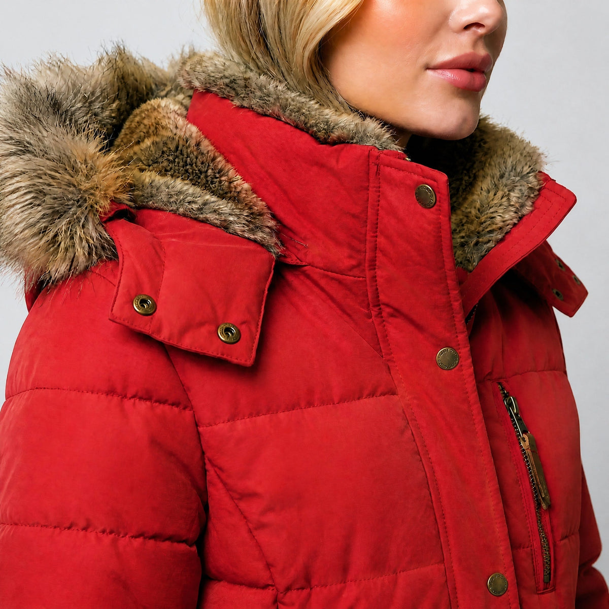 Olivia - Women's Hooded Faux Fur Trim Quilted Puffer Jacket with Zip Pockets - Puffer Jackets - Red - Davies & Cooper