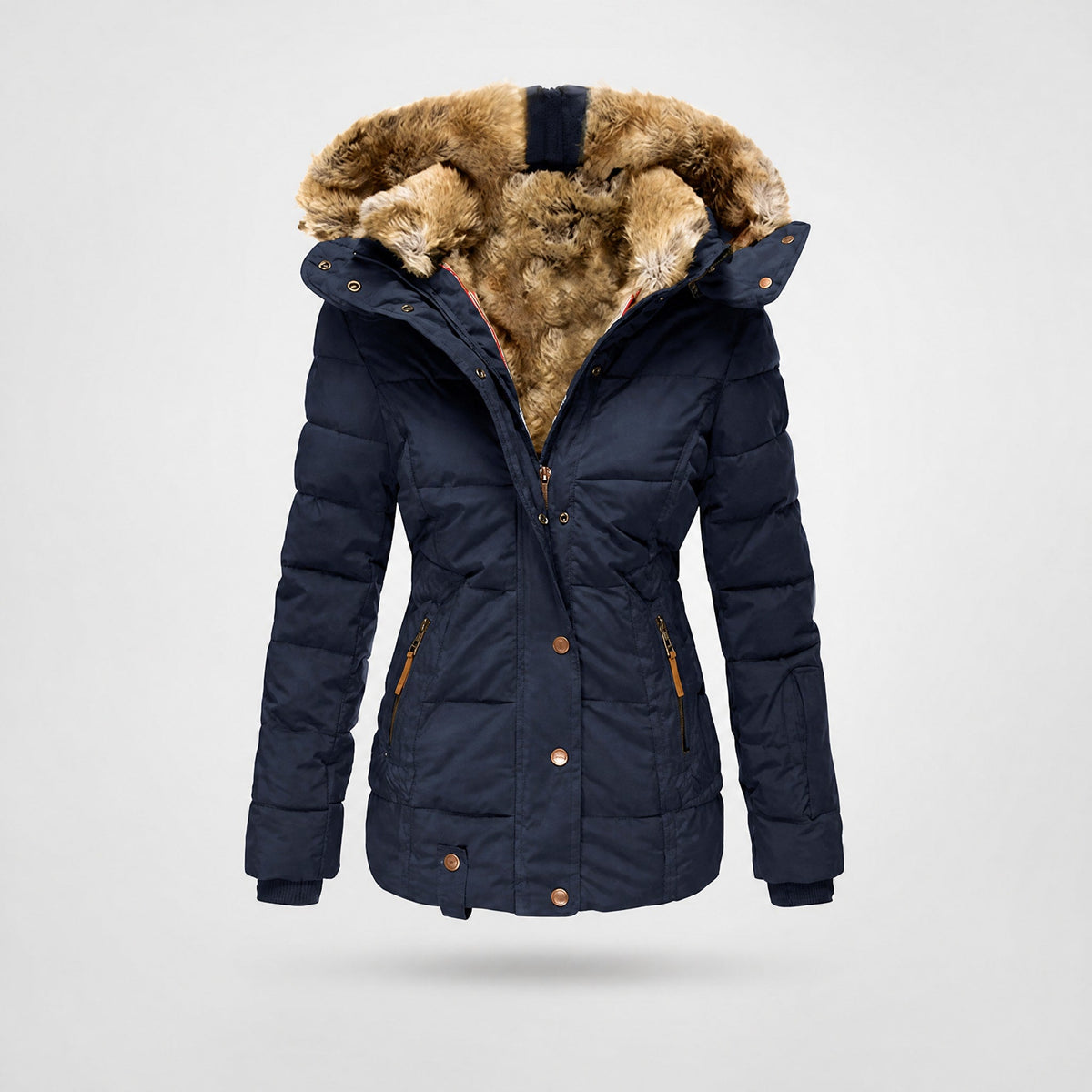 Olivia - Women's Hooded Faux Fur Trim Quilted Puffer Jacket with Zip Pockets - Puffer Jackets - Blue - Davies & Cooper