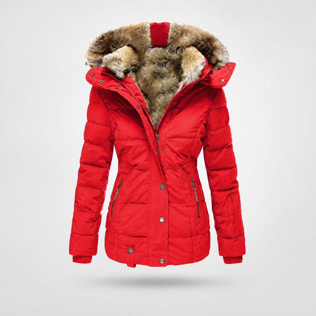 Olivia - Women's Hooded Faux Fur Trim Quilted Puffer Jacket with Zip Pockets - Puffer Jackets - Red - Davies & Cooper