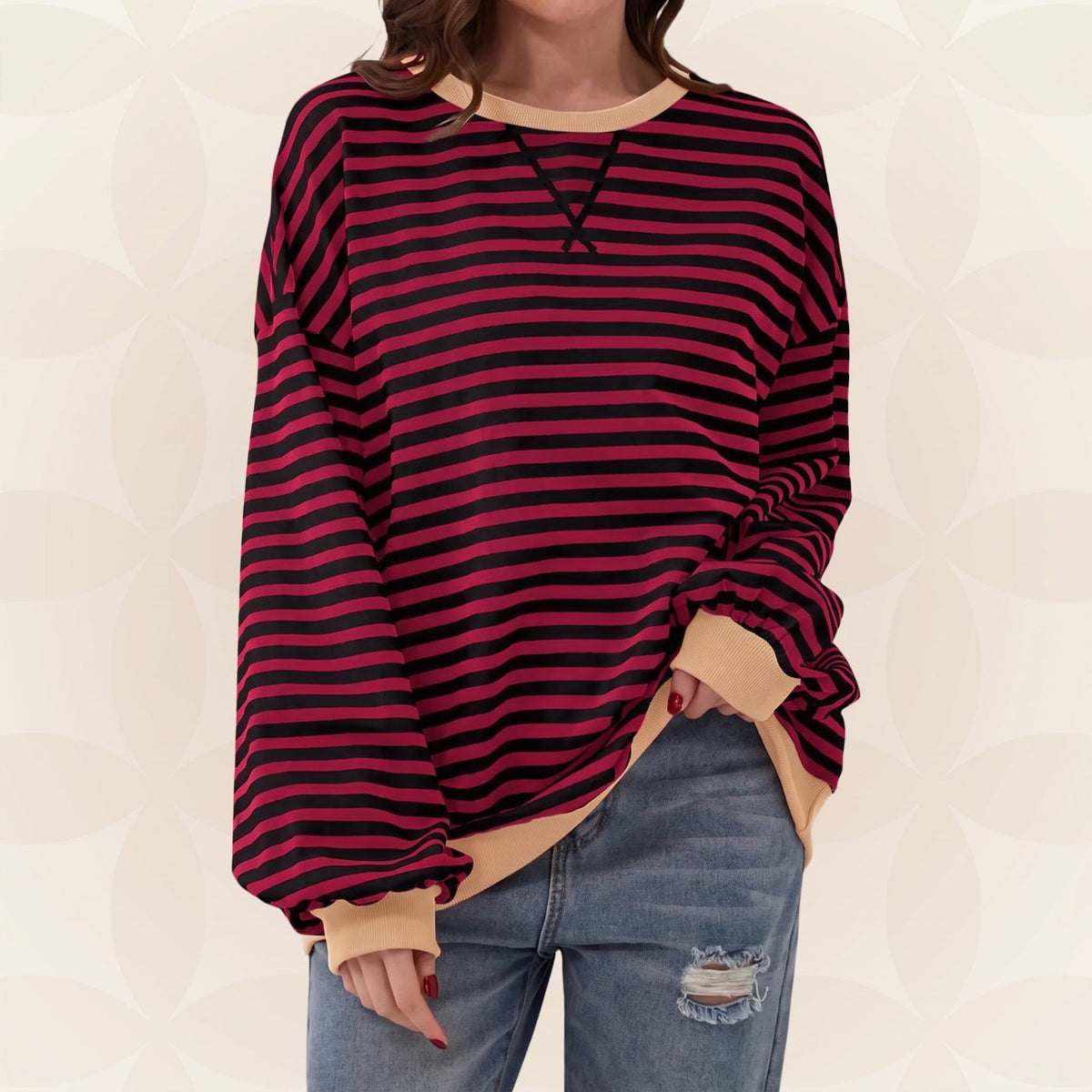 Olivia - Women's Oversized Striped Sweatshirt with Contrast Trim - Sweatshirts - Dark Red - Davies & Cooper