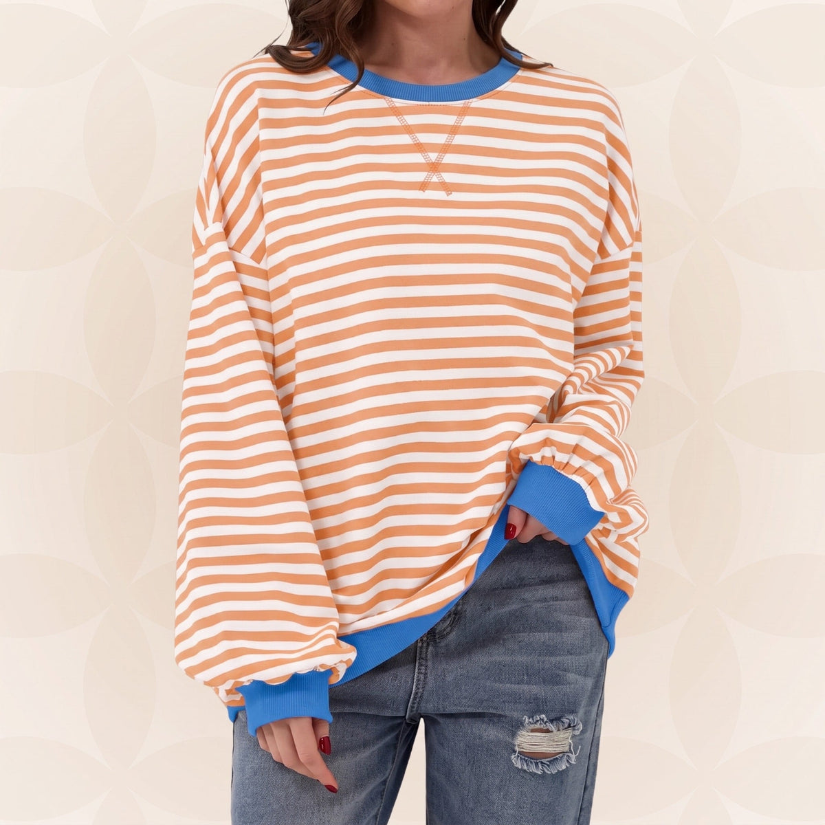 Olivia - Women's Oversized Striped Sweatshirt with Contrast Trim - Sweatshirts - Light Blue - Davies & Cooper