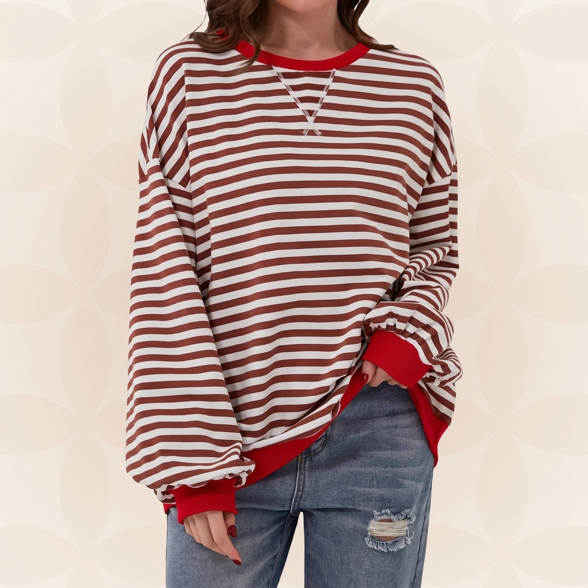 Olivia - Women's Oversized Striped Sweatshirt with Contrast Trim - Sweatshirts - Red - Davies & Cooper