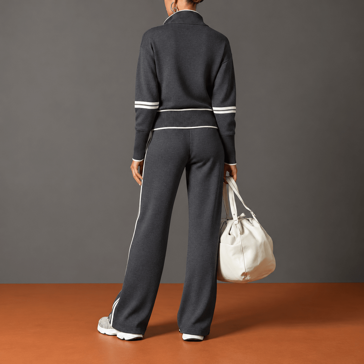 Olivia – Women’s Quarter-Zip Lounge Set with Collar and Striped Trim - Loungewear Sets - Dark Grey - Davies & Cooper