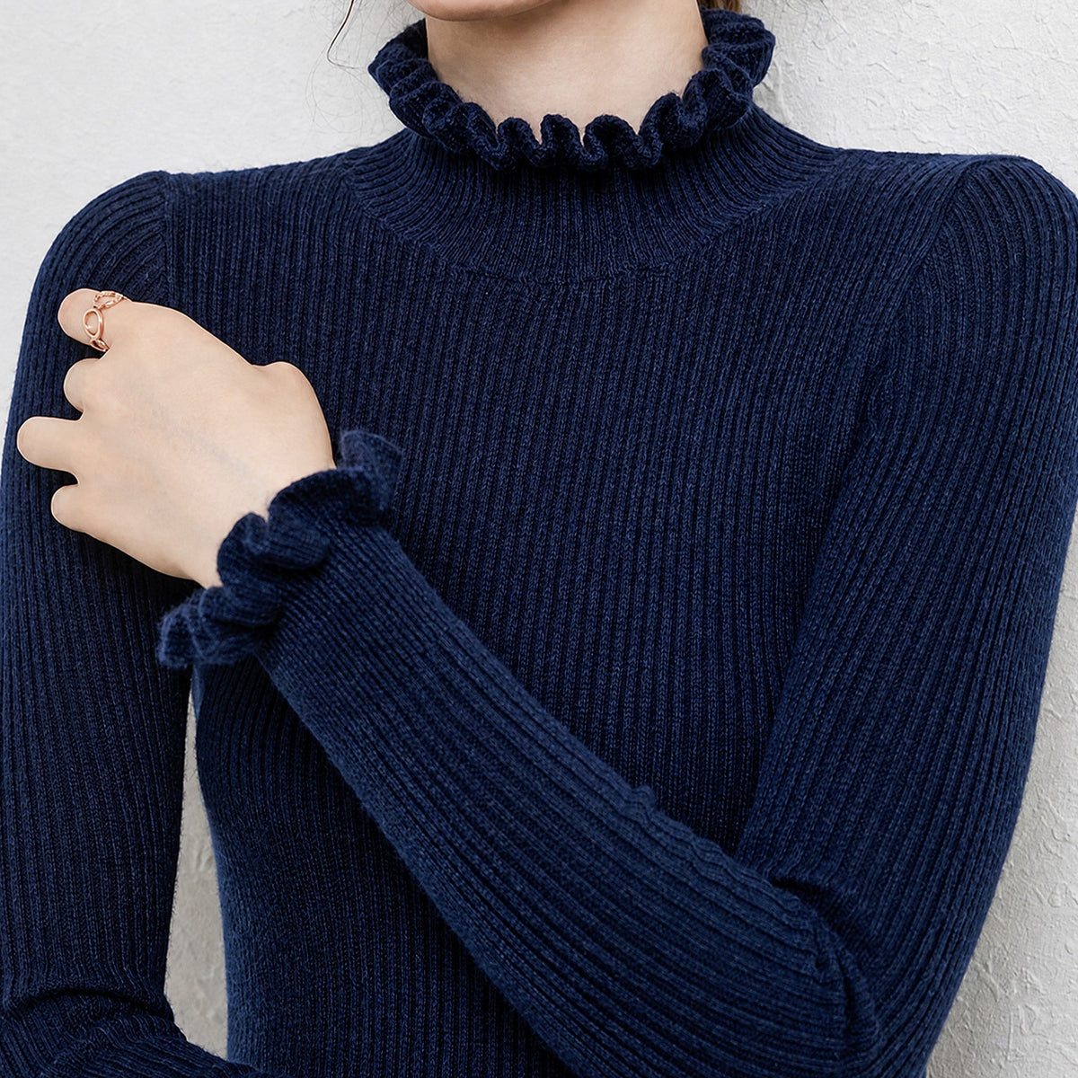 Olivia - Women's Ribbed Knit Turtleneck Jumper with Ruffled Collar and Cuffs - Sweaters - Blue - Davies & Cooper