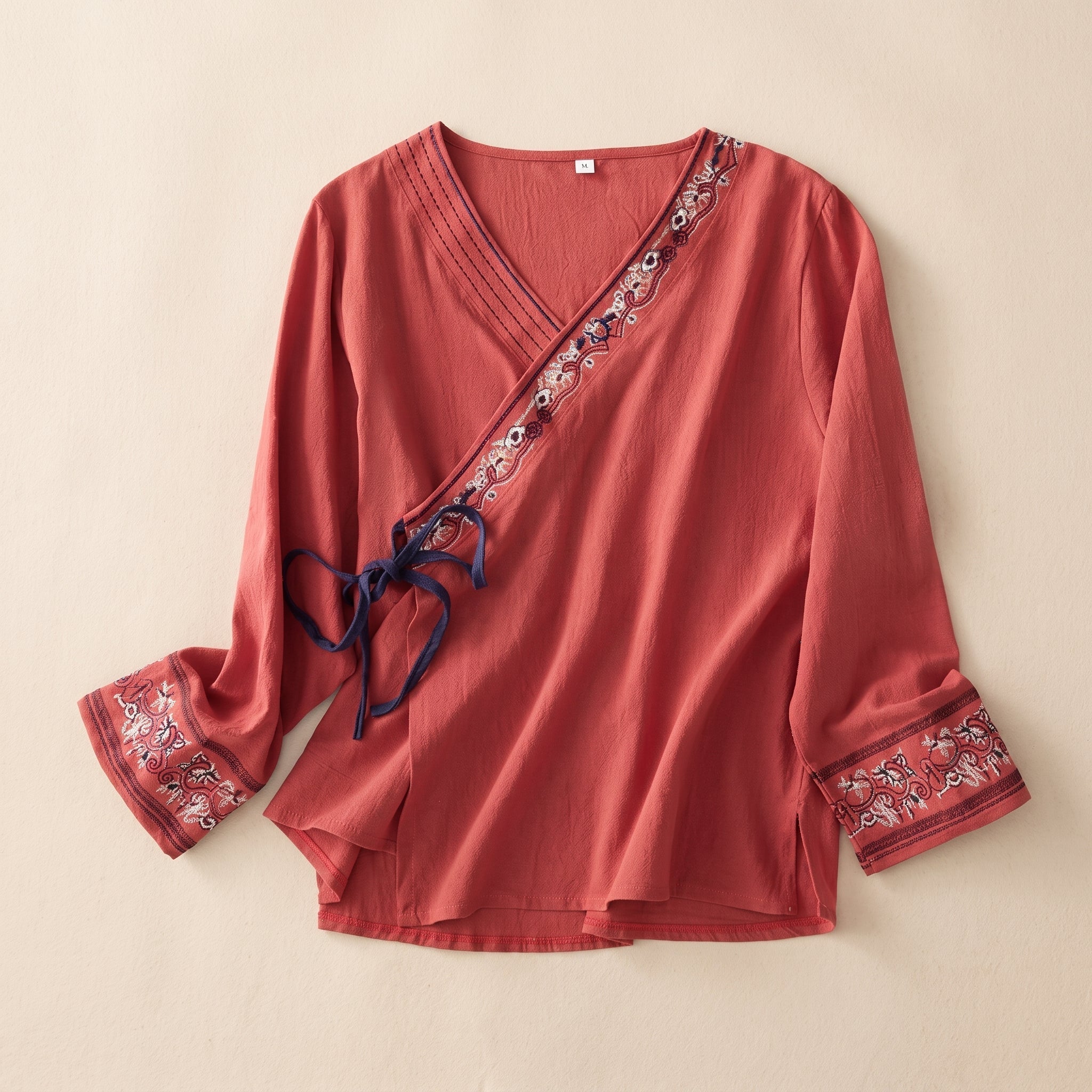 Olivia - Women's Summer Long Sleeve Wrap Tie Blouse - Blouse - Red - Davies & Cooper