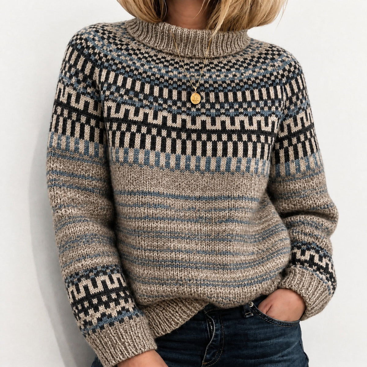 Oona - Women's Fair Isle Knit Turtleneck Jumper with Ribbed Cuffs - Sweaters - Light Brown - Davies & Cooper