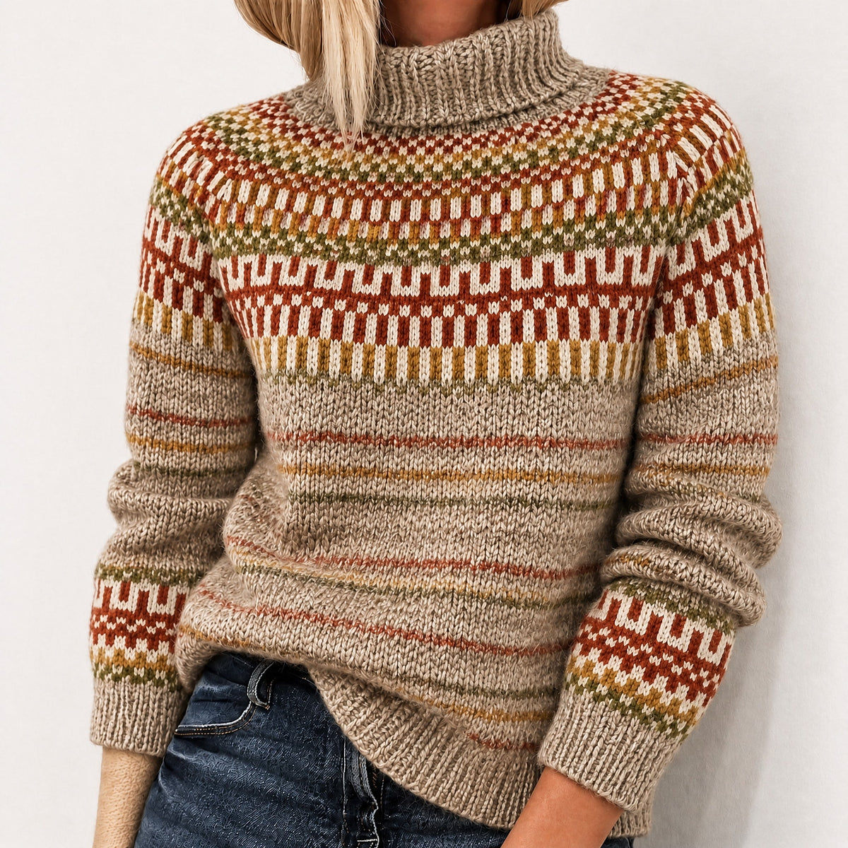 Oona - Women's Fair Isle Knit Turtleneck Jumper with Ribbed Cuffs - Sweaters - Khaki - Davies & Cooper