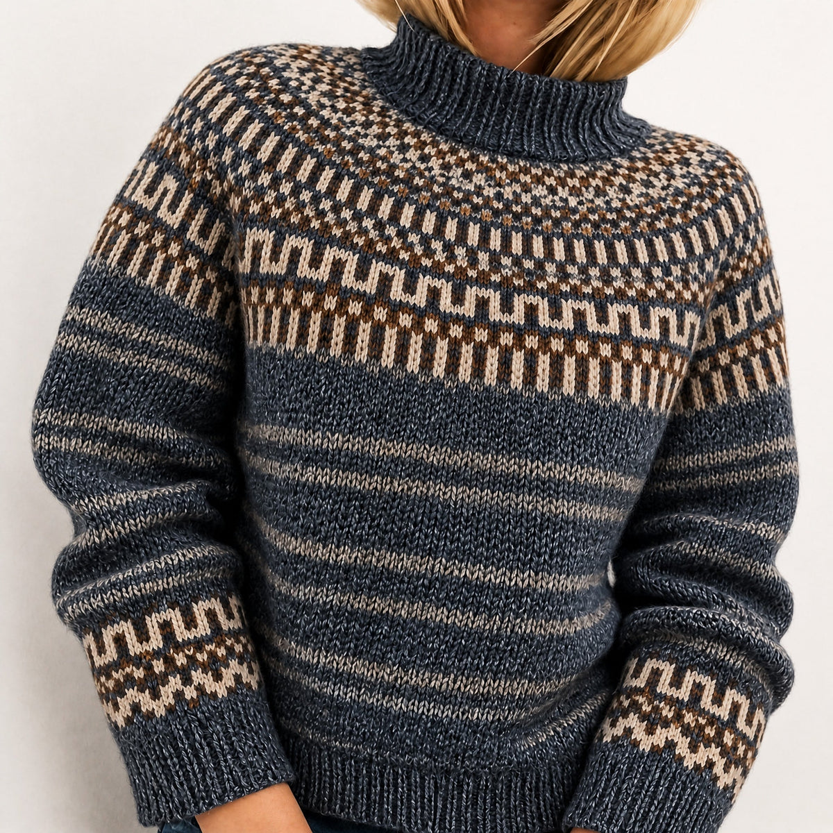 Oona - Women's Fair Isle Knit Turtleneck Jumper with Ribbed Cuffs - Sweaters - Dark Grey - Davies & Cooper