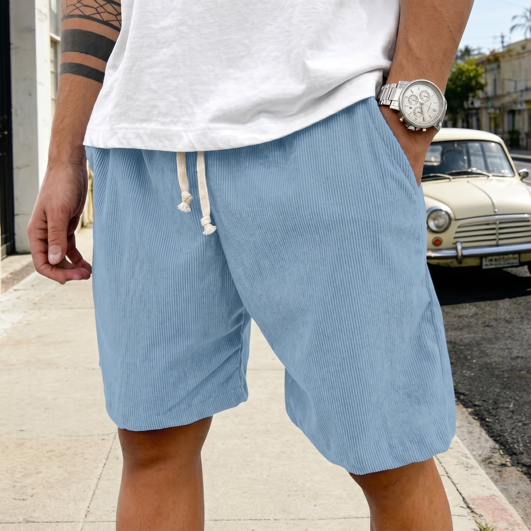 Paul - Men's Relaxed Fit Drawstring Waist Corduroy Shorts - Shorts - Blue - Davies & Cooper
