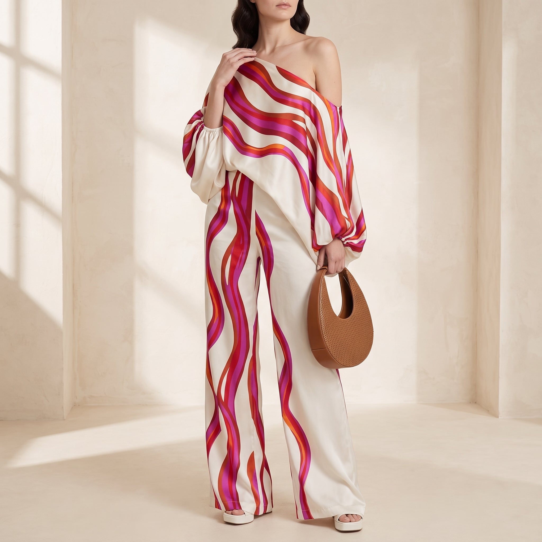 Phoebe - Women's One-Shoulder Abstract Print Wide-Leg Co-ord Set - 2-Piece Sets - Red - Davies & Cooper