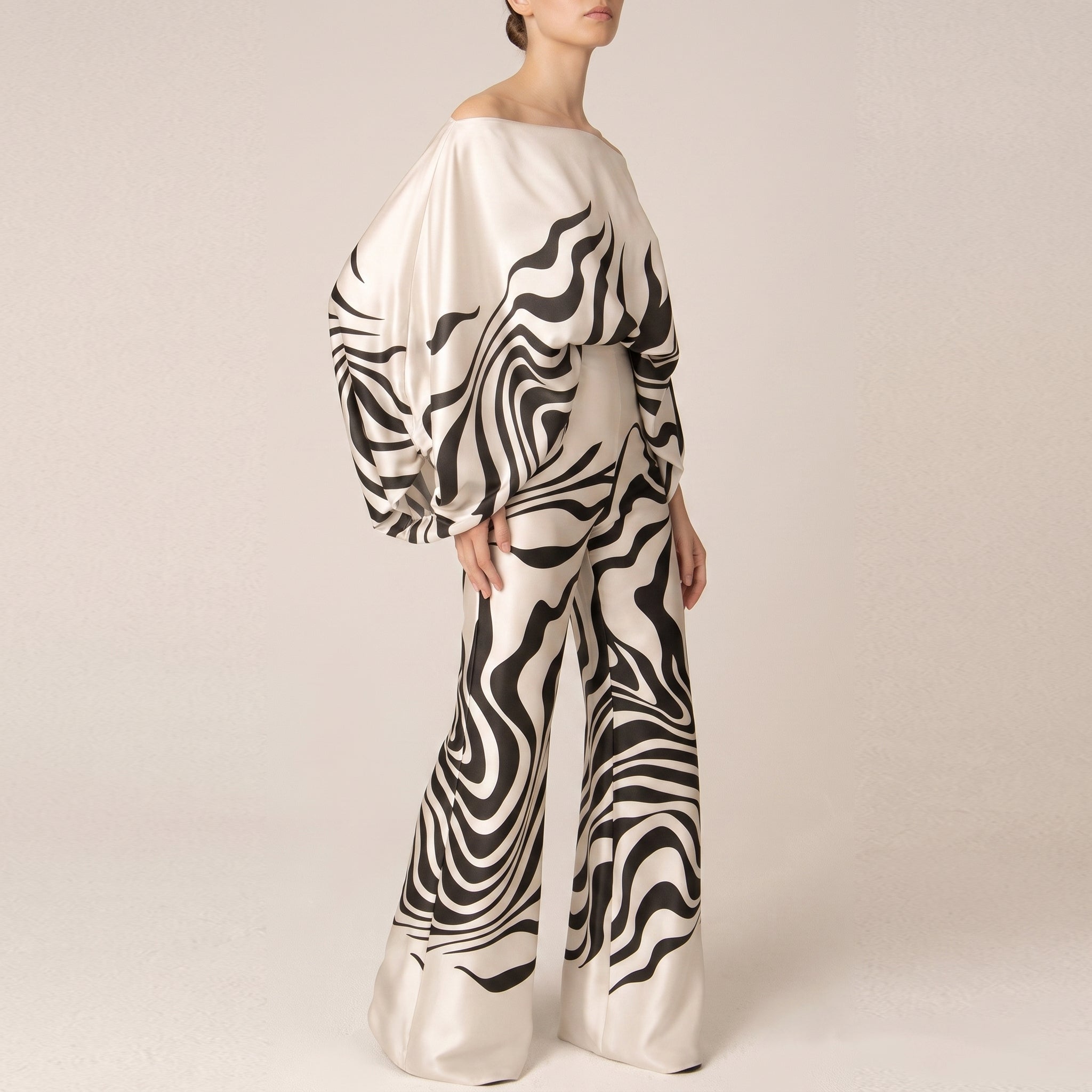 Phoebe - Women's One-Shoulder Abstract Print Wide-Leg Co-ord Set - 2-Piece Sets - Black - Davies & Cooper