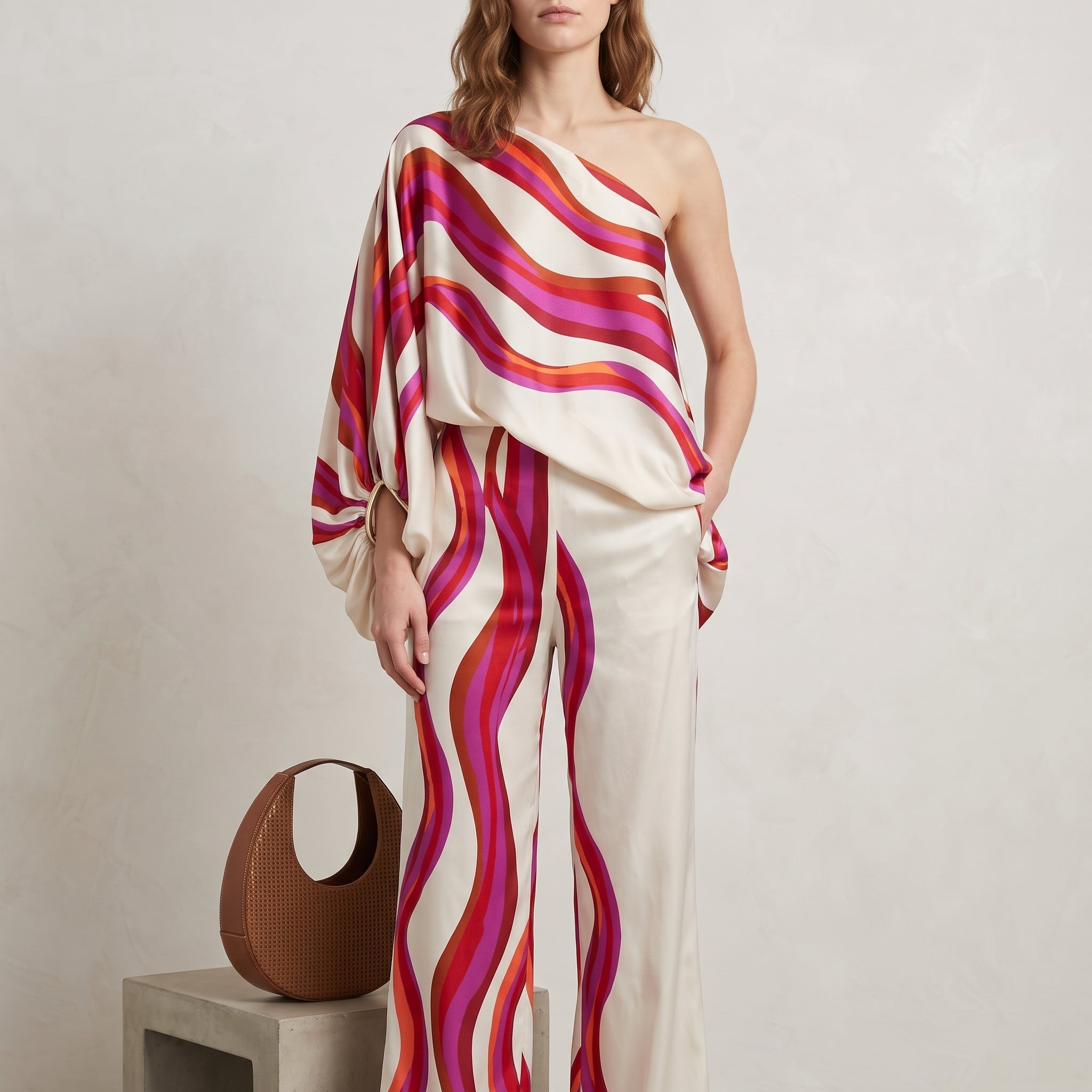 Phoebe - Women's One-Shoulder Abstract Print Wide-Leg Co-ord Set - 2-Piece Sets - Red - Davies & Cooper