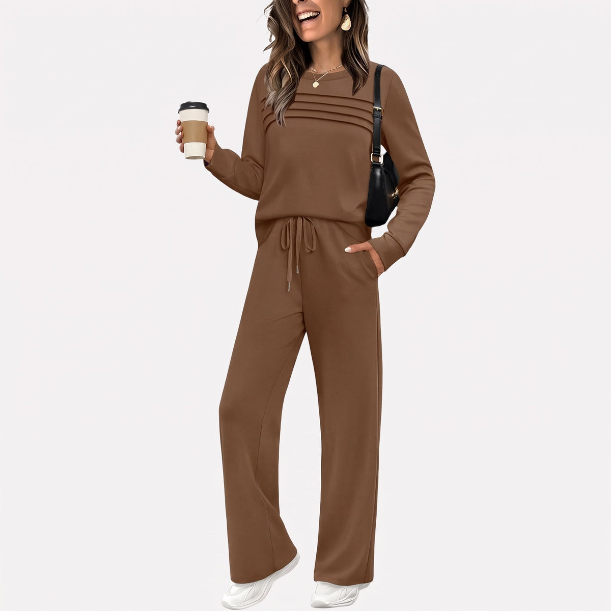 Phoebe – Women’s Ribbed Mock Neck Wide-Leg Lounge Set - Loungewear Sets - Brown - Davies & Cooper