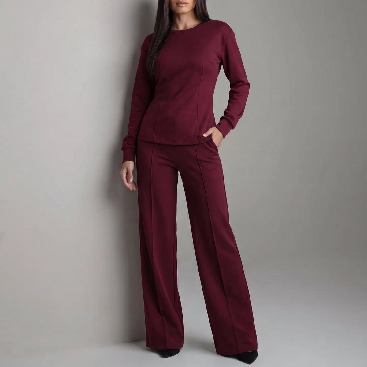 Phoebe - Women's Round Neck Long Sleeve Wide-Leg Trouser Set - Outfit Sets - Burgundy - Davies & Cooper