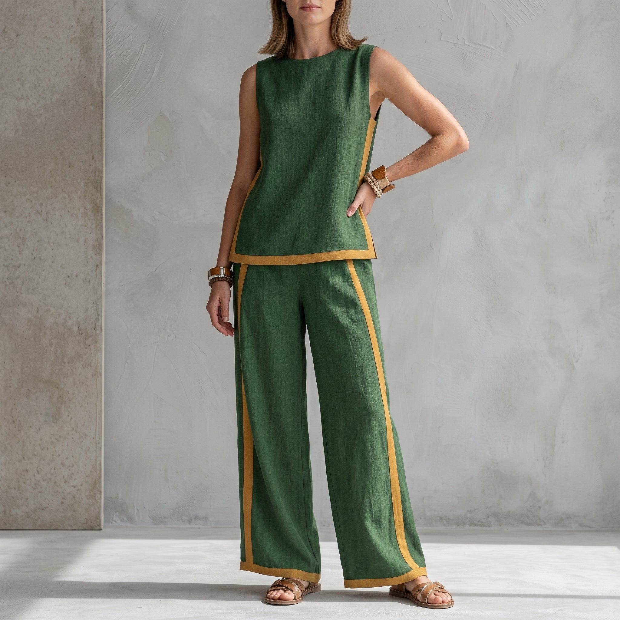 Phoebe - Women's Sleeveless Contrast Trim Wide-Leg Co-ord Set - 2 Piece Set - Green - Davies & Cooper