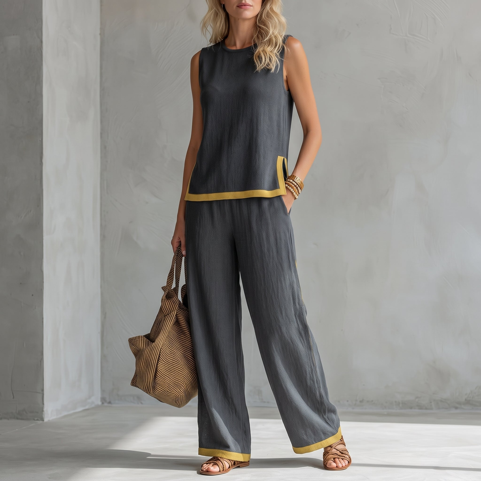 Phoebe - Women's Sleeveless Contrast Trim Wide-Leg Co-ord Set - 2 Piece Set - Grey - Davies & Cooper