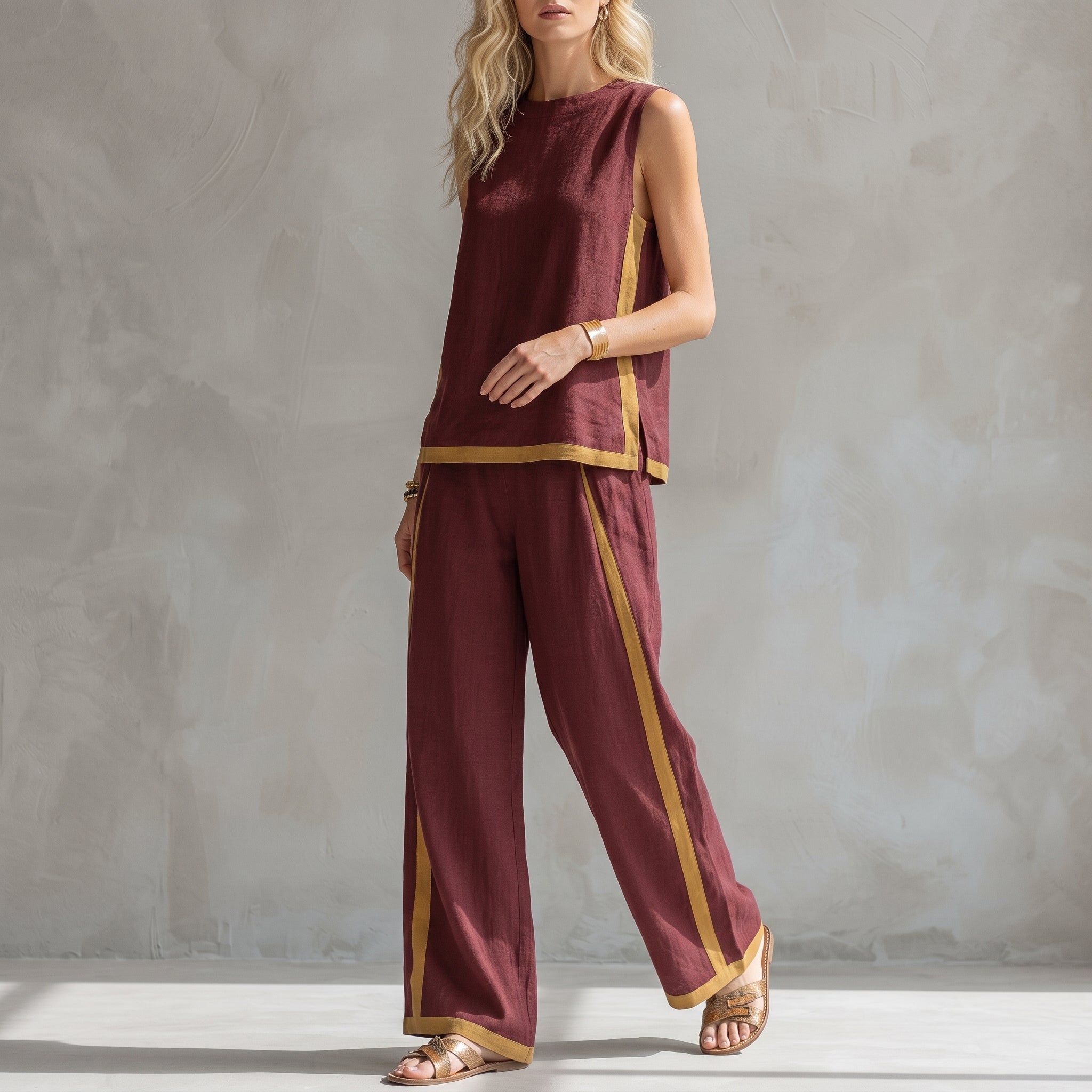 Phoebe - Women's Sleeveless Contrast Trim Wide-Leg Co-ord Set - 2 Piece Set - Burgundy - Davies & Cooper